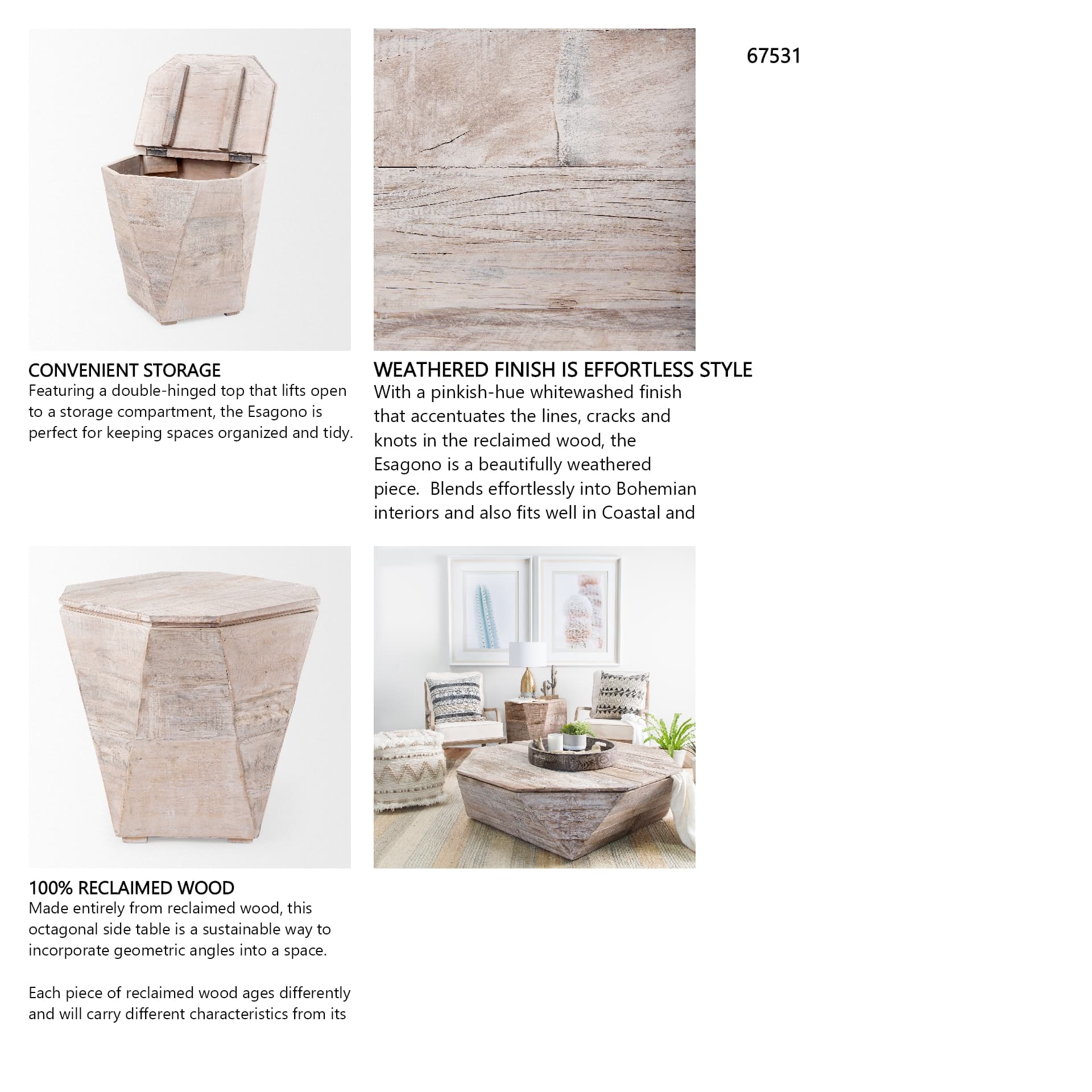 Esagono Octagonal Reclaimed Wood End/Side Table w/ Storage — in a styled room