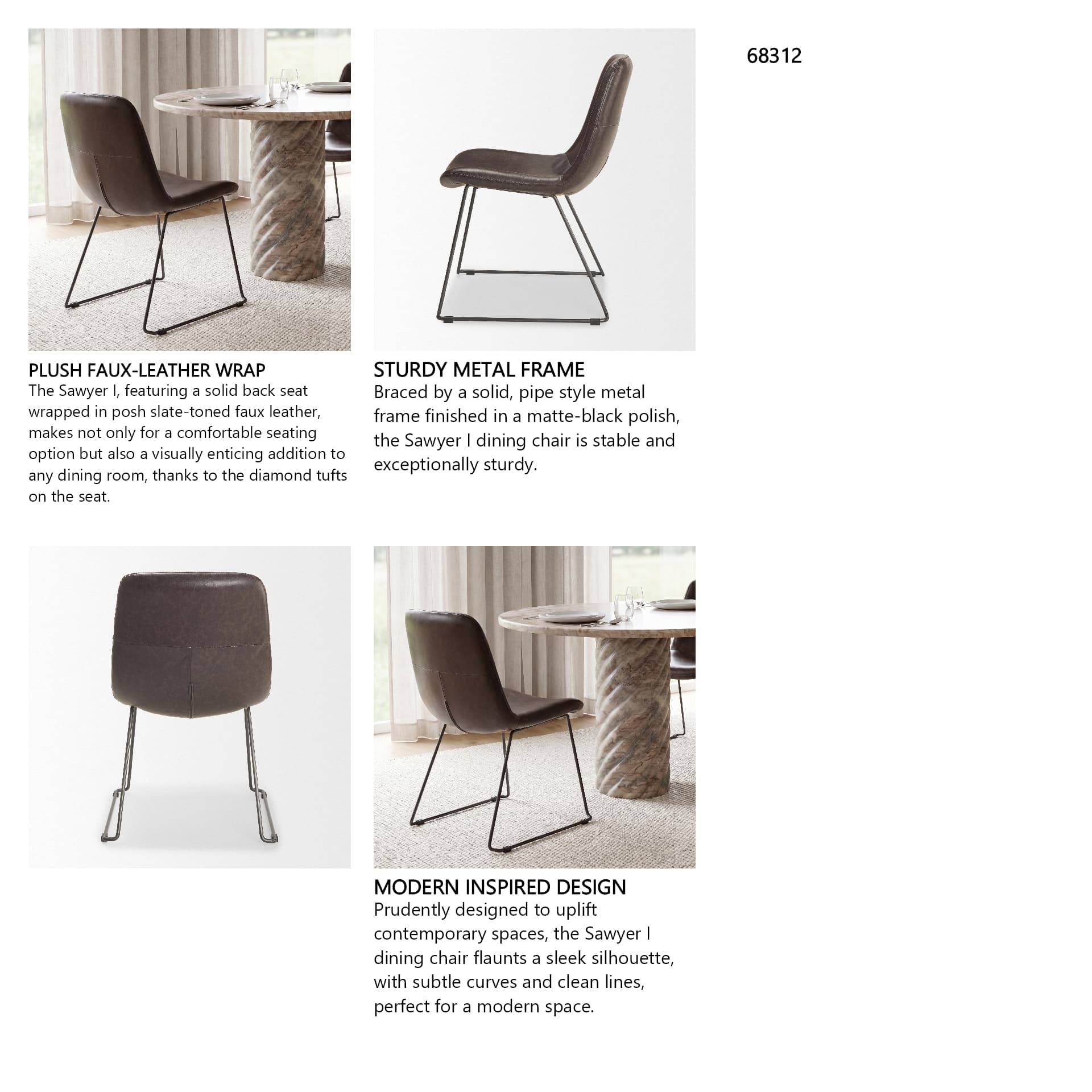 Sawyer Solid Back Dining Side Chair | Dark Brown Faux Leather w/ Iron — in a styled room