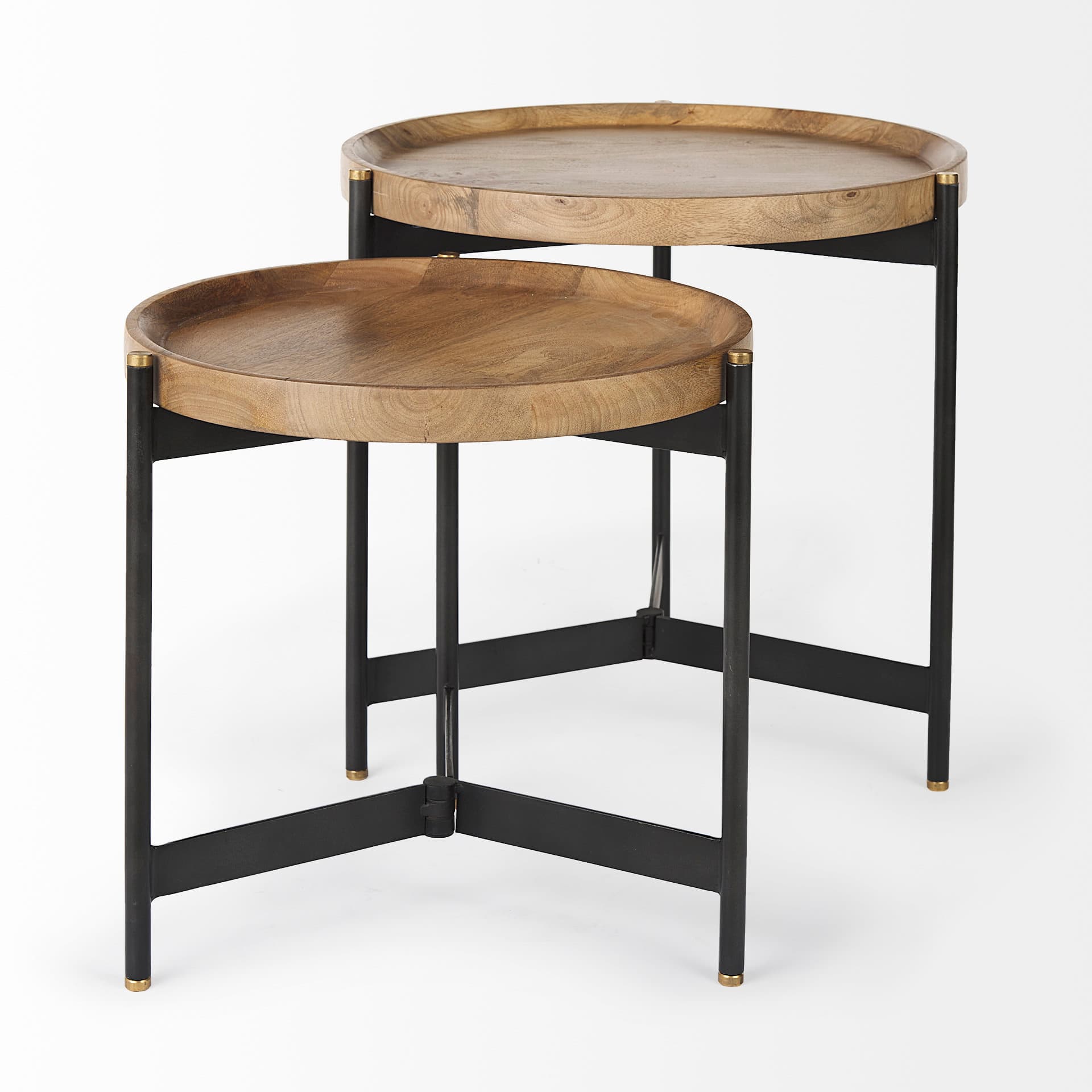 Marquisa (Set of 2) 22.5L x 22.5W x 20.8H Light Brown Wood W/ Black Metal Base Nesting Side Tables — product photograph