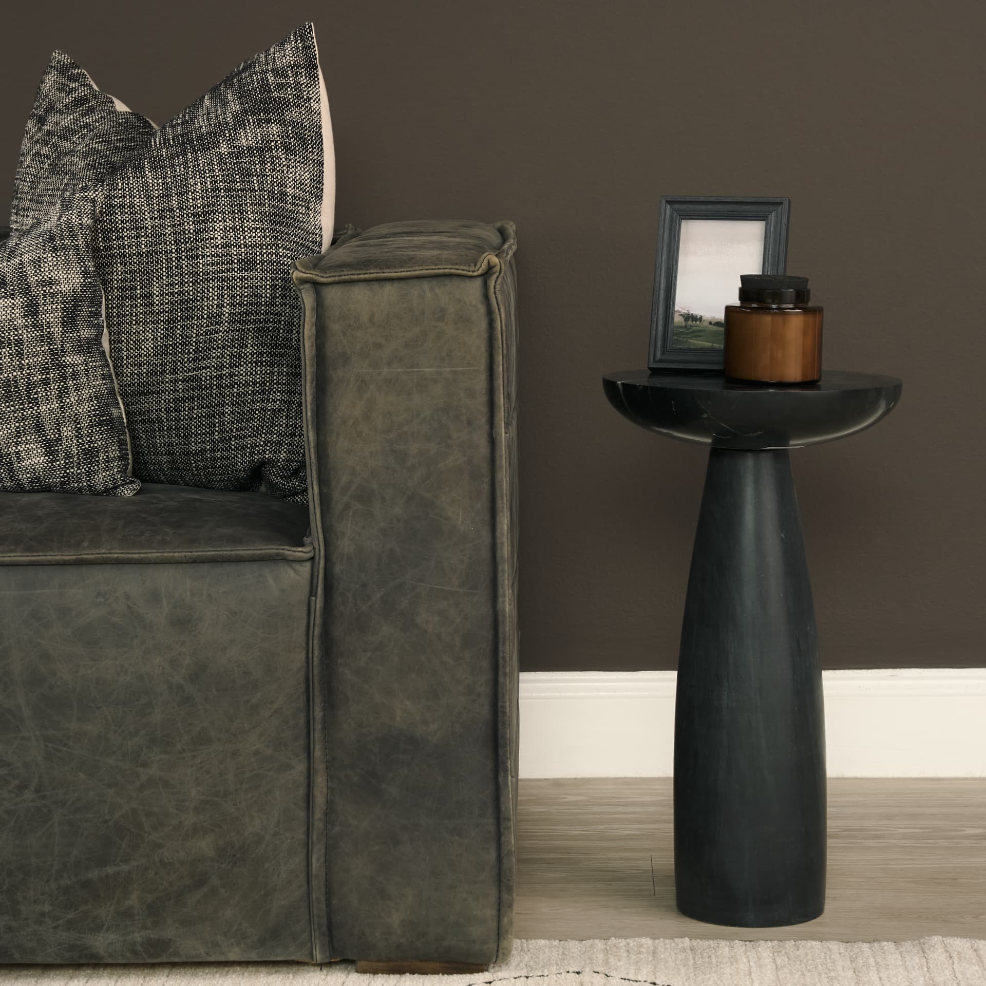 Bellancia Nero Black Marquina Marble Pedestal Side Table — in a styled room