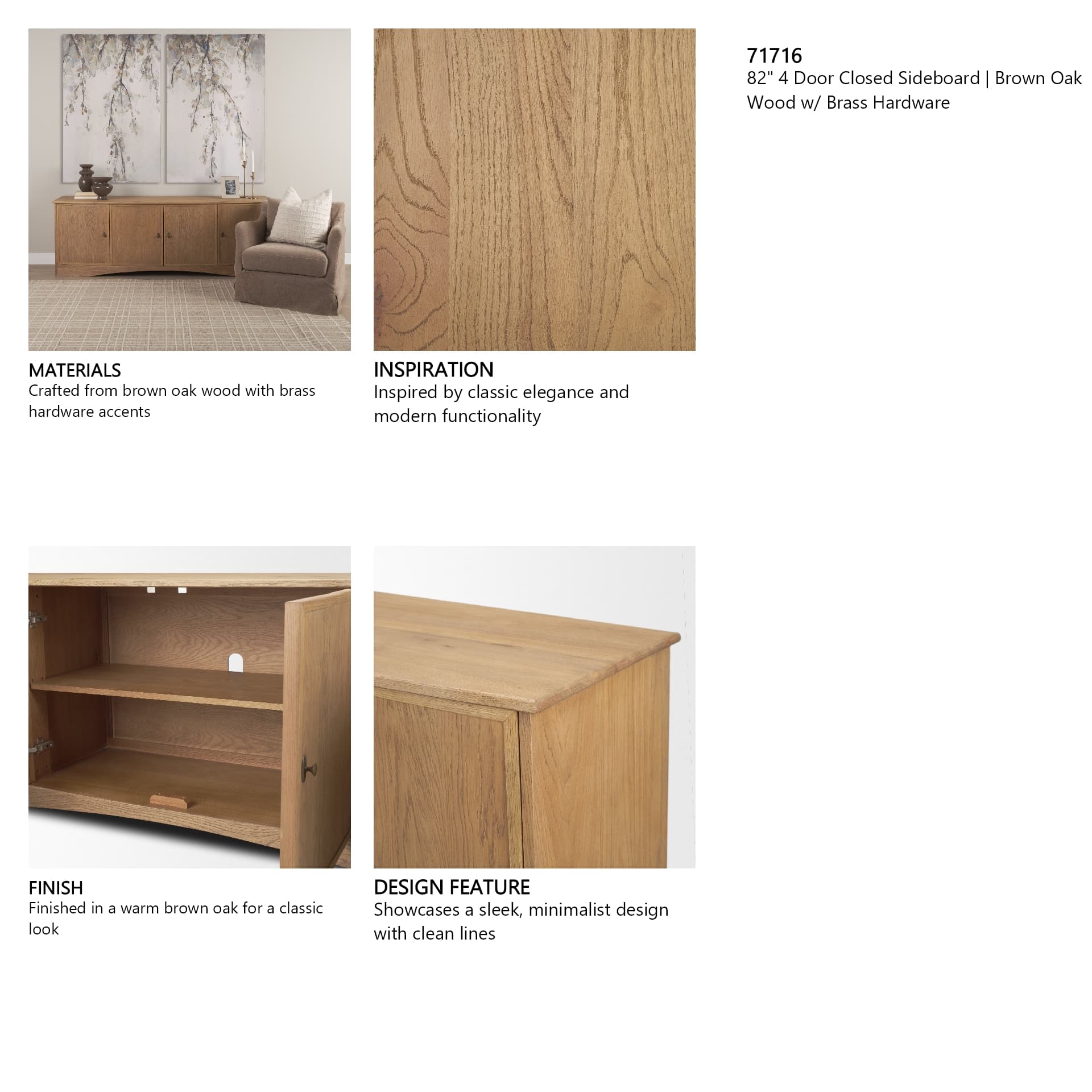 Carrington 82" 4 Door Closed Sideboard | Brown Oak Wood w/ Brass Hardware — in a styled room
