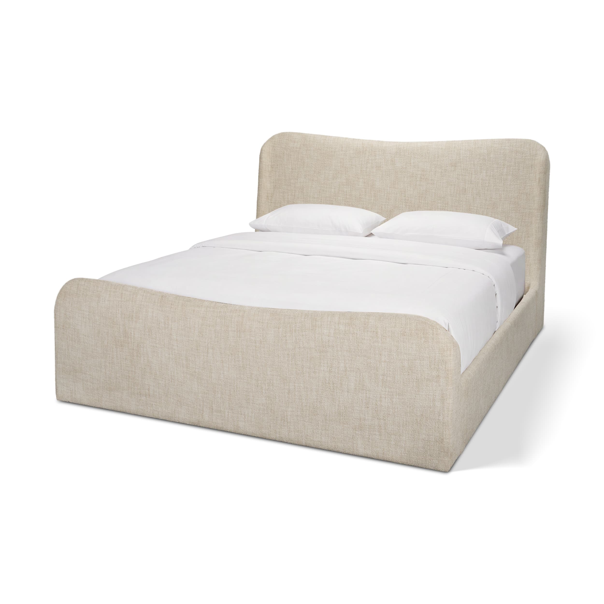 Solene King Upholstered Bedframe w/ Footbed | Curved Headboard | Oatmeal Fabric — product photograph
