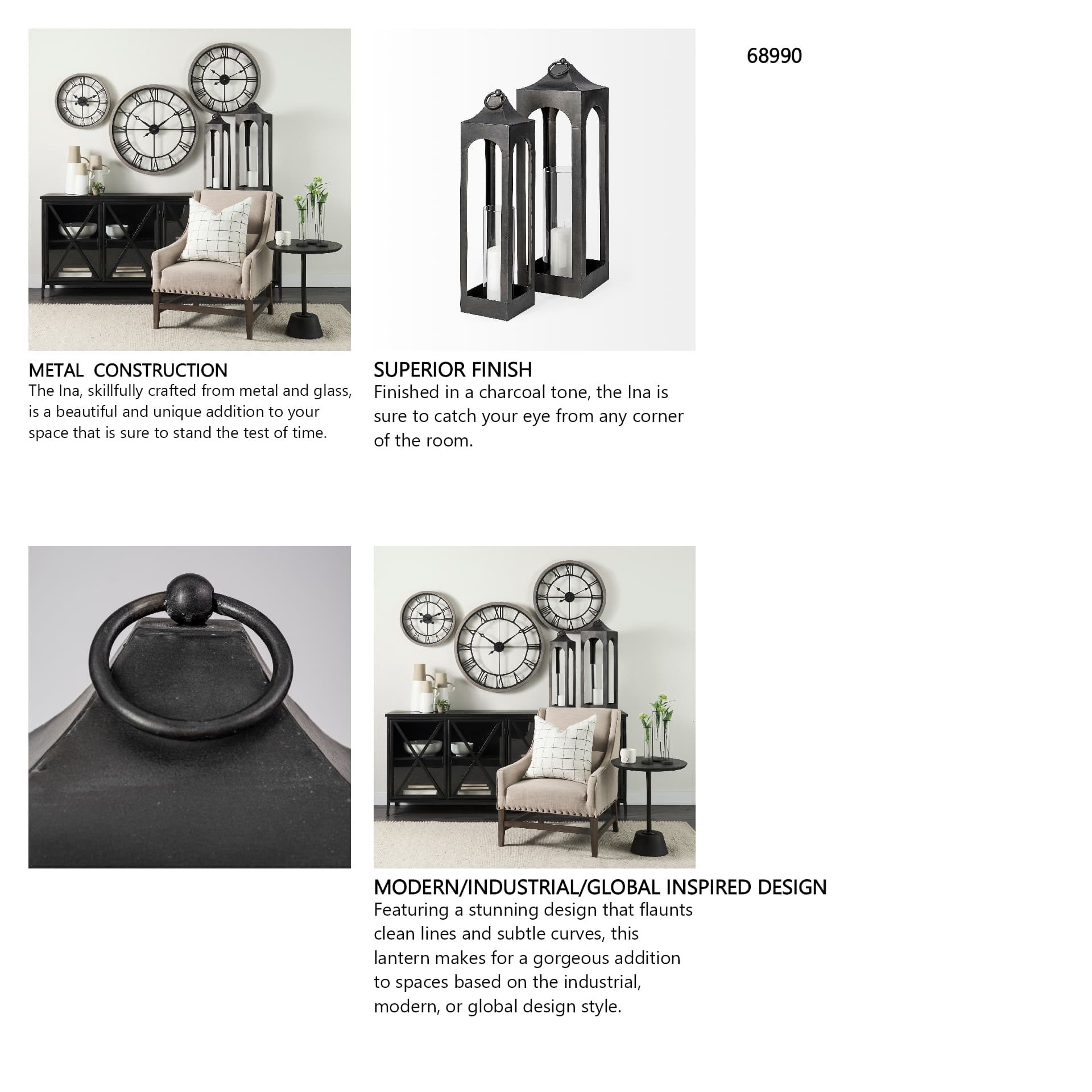 Ina Tall Charcoal Metal Candle Holder Lantern — in a styled room