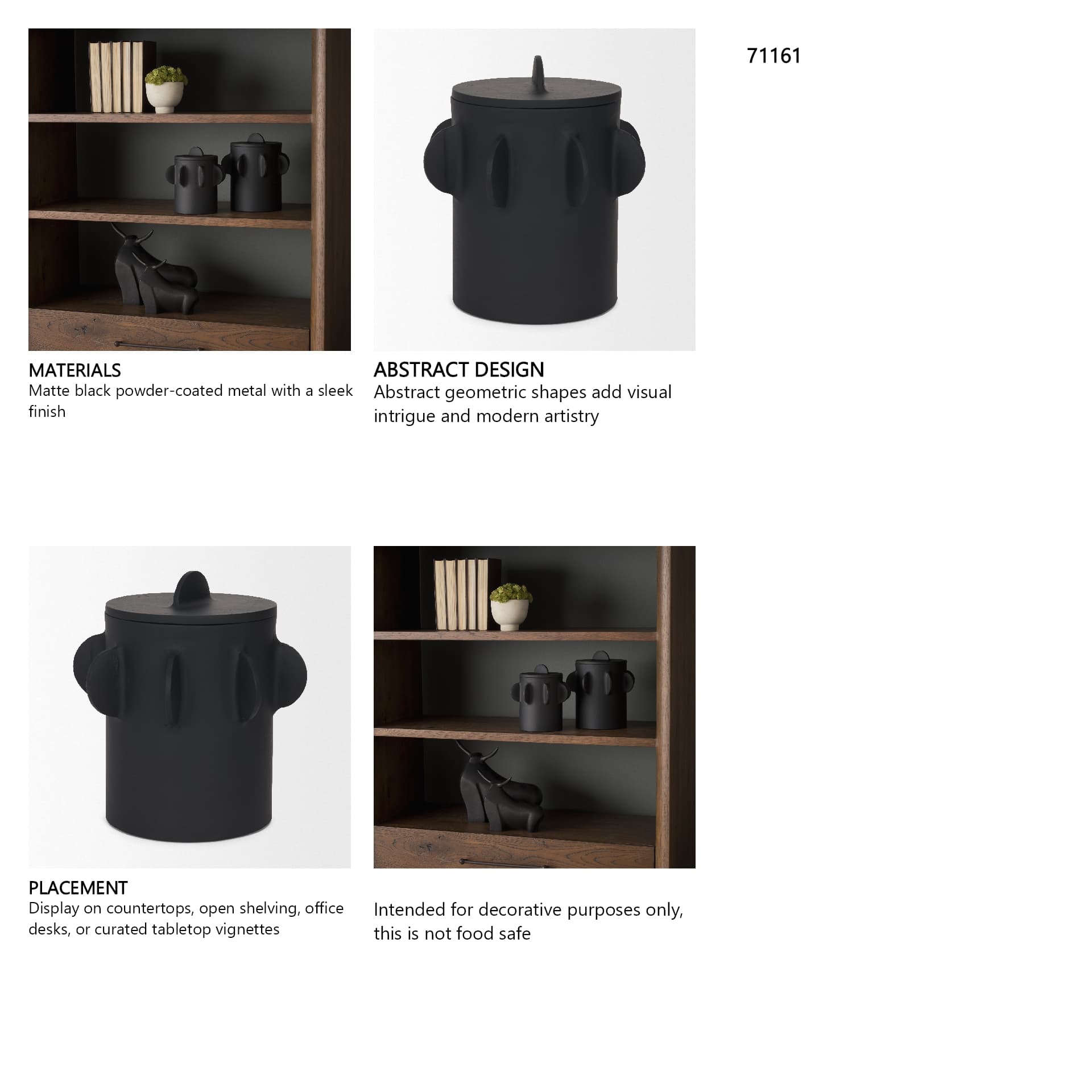 Deacon Large Matte Black Metal Canister with Sculptural Handles — in a styled room
