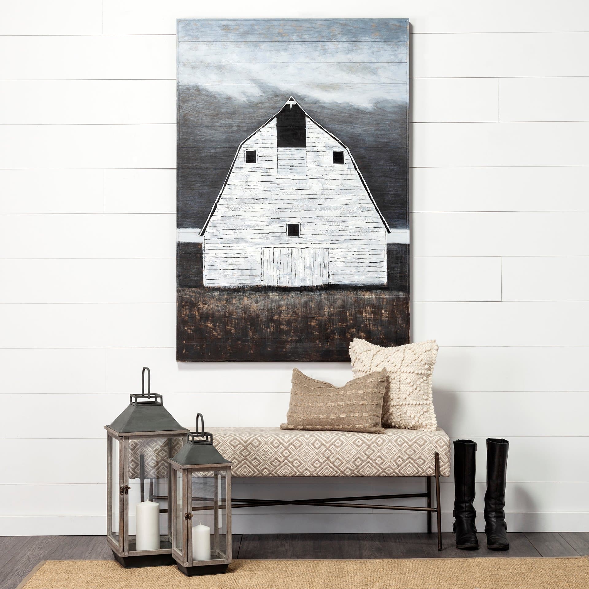 Sawmill Creek 42x62 Farmhouse White Barn Original Hand Painted on Wood Oil Painting — in a styled room