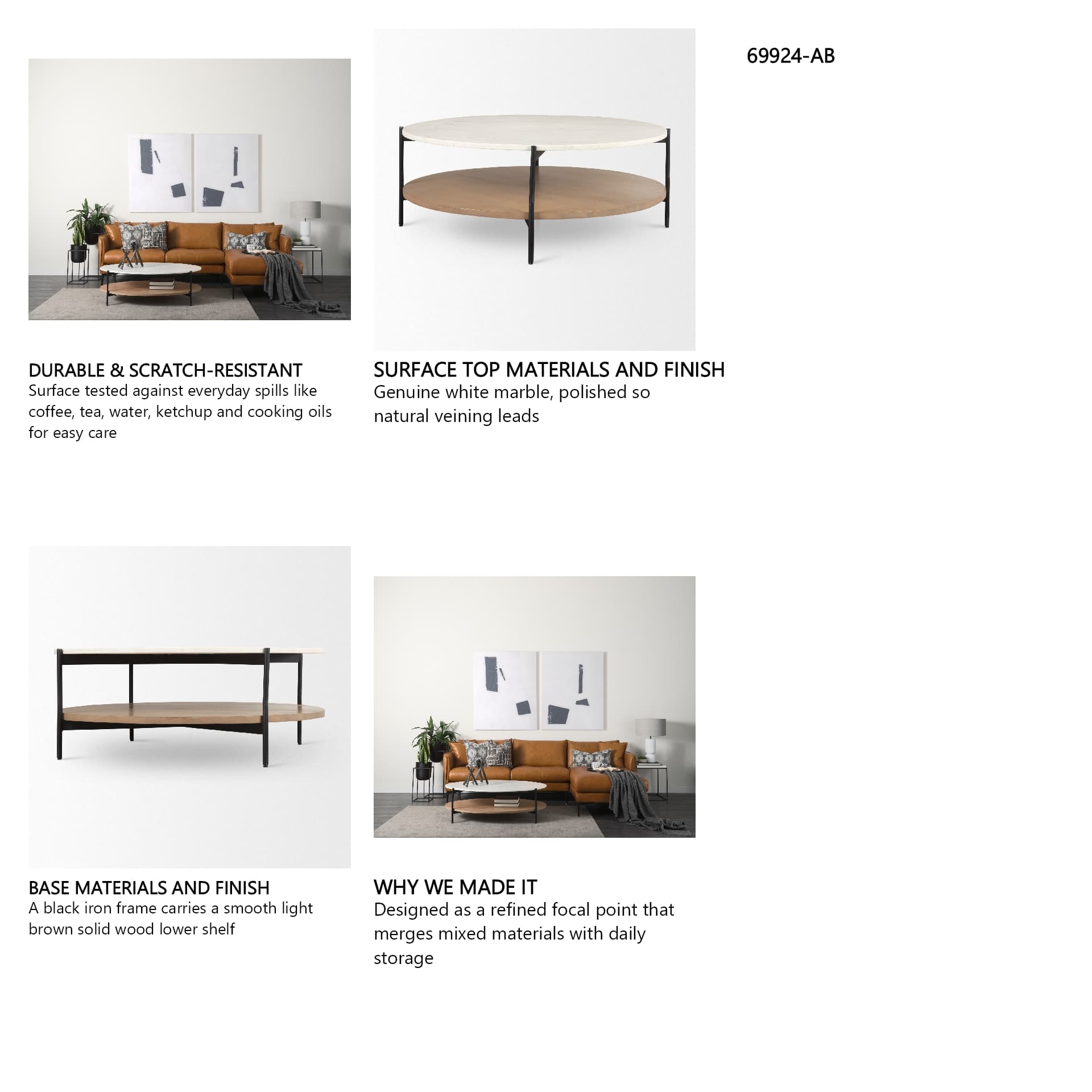 Larkin Marble Top w/ Brown Wood Shelf Round Coffee Table — in a styled room