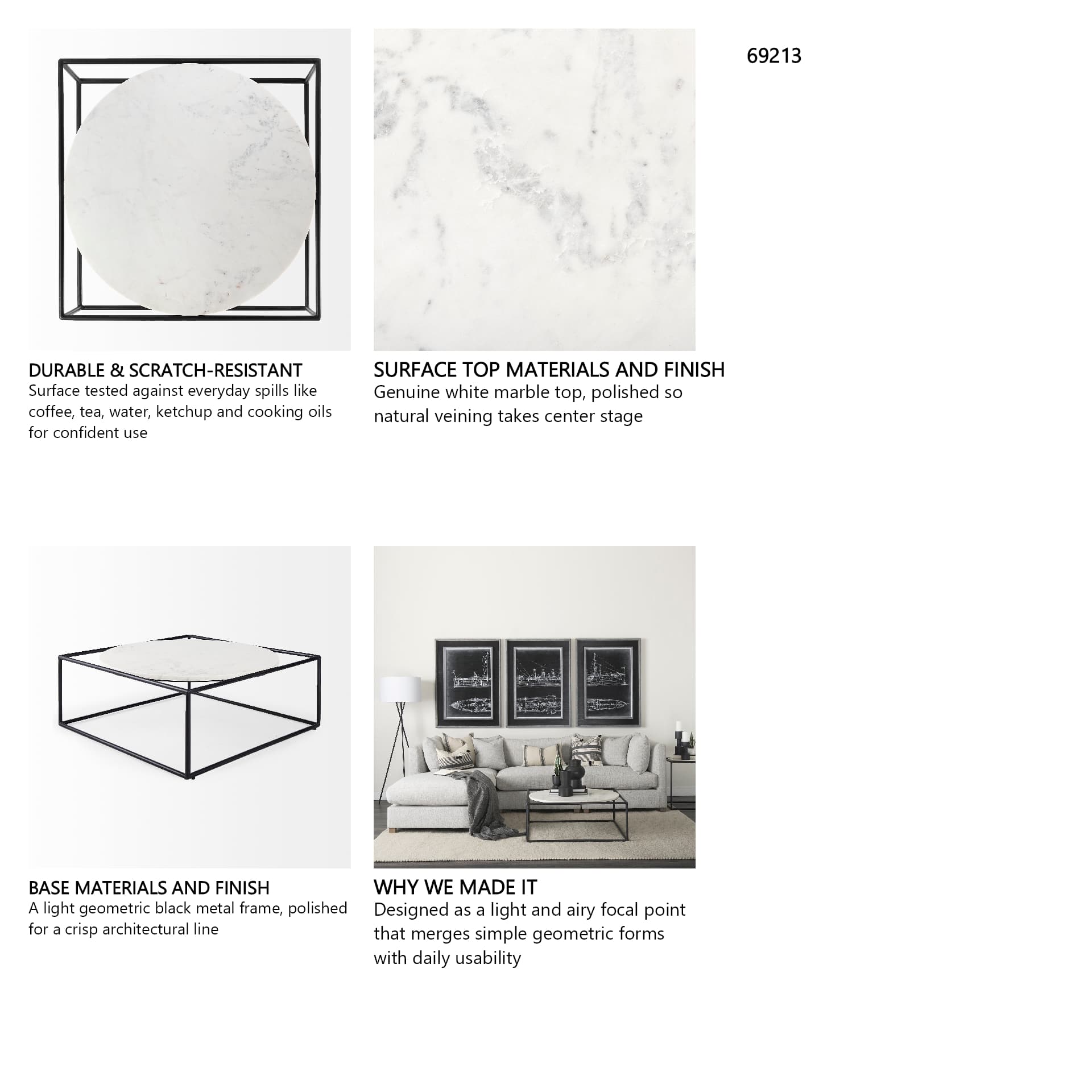 Austen 36L x 36W x 14.5H Round White Marble Top W/ Black Metal Frame Coffee Table — product photograph