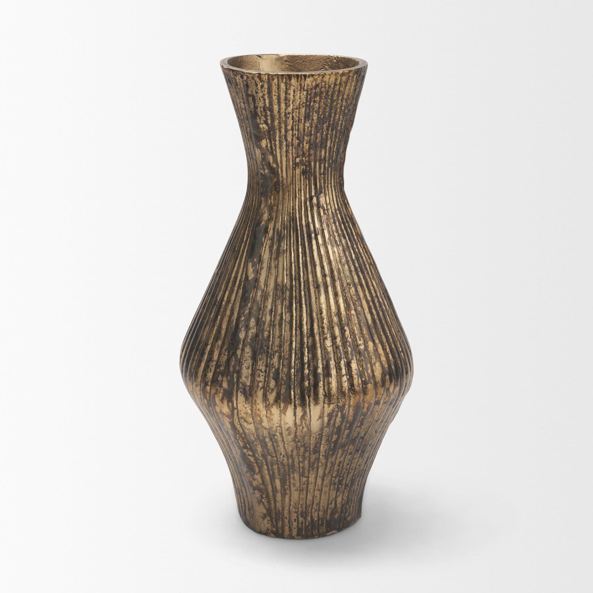 Patine Antiqued Brass Metal Fluted Hourglass Decorative Vase — product photograph