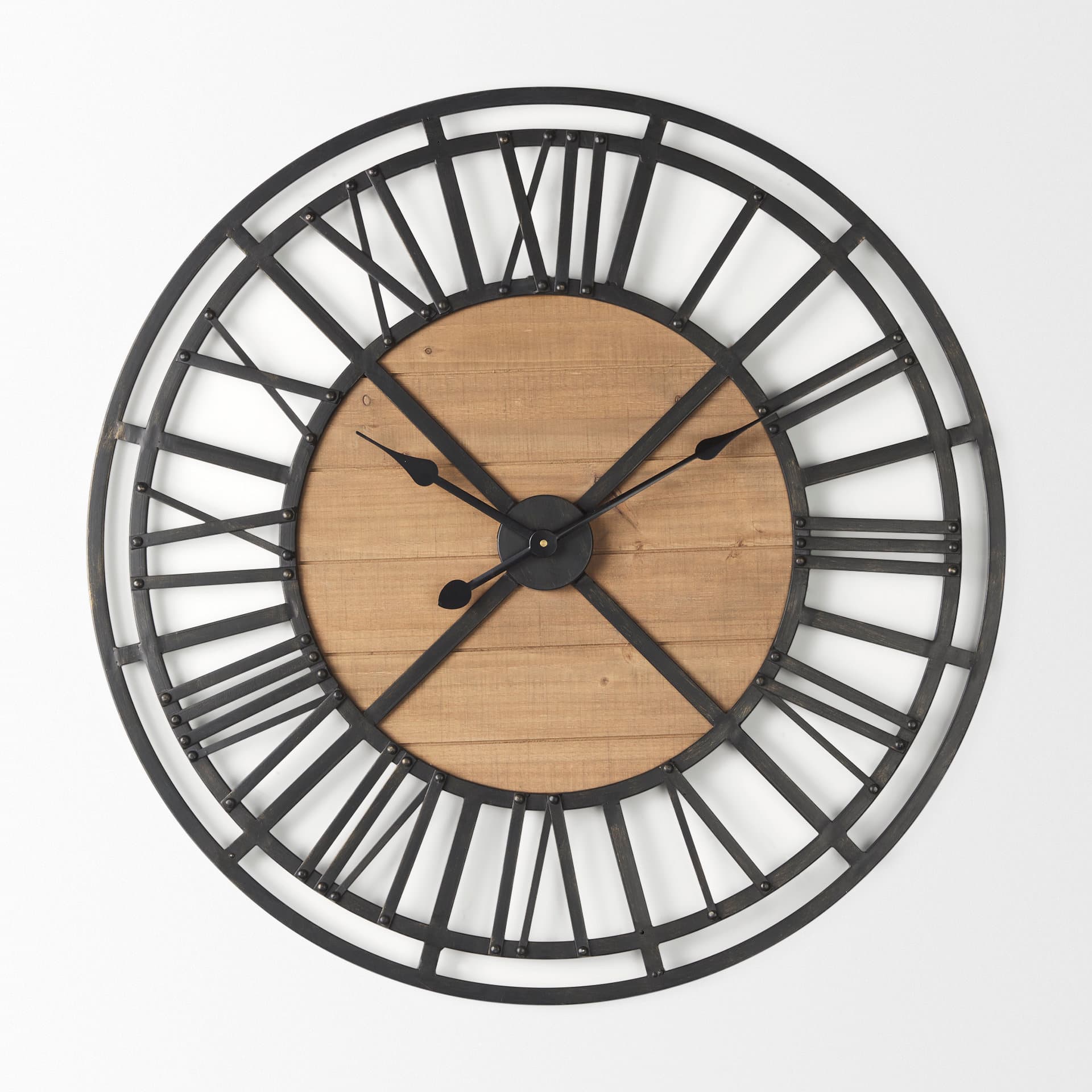 Lewiston 30.1L x 2.0W x 30.1H Black Iron W/Wood Round Wall Clock — product photograph
