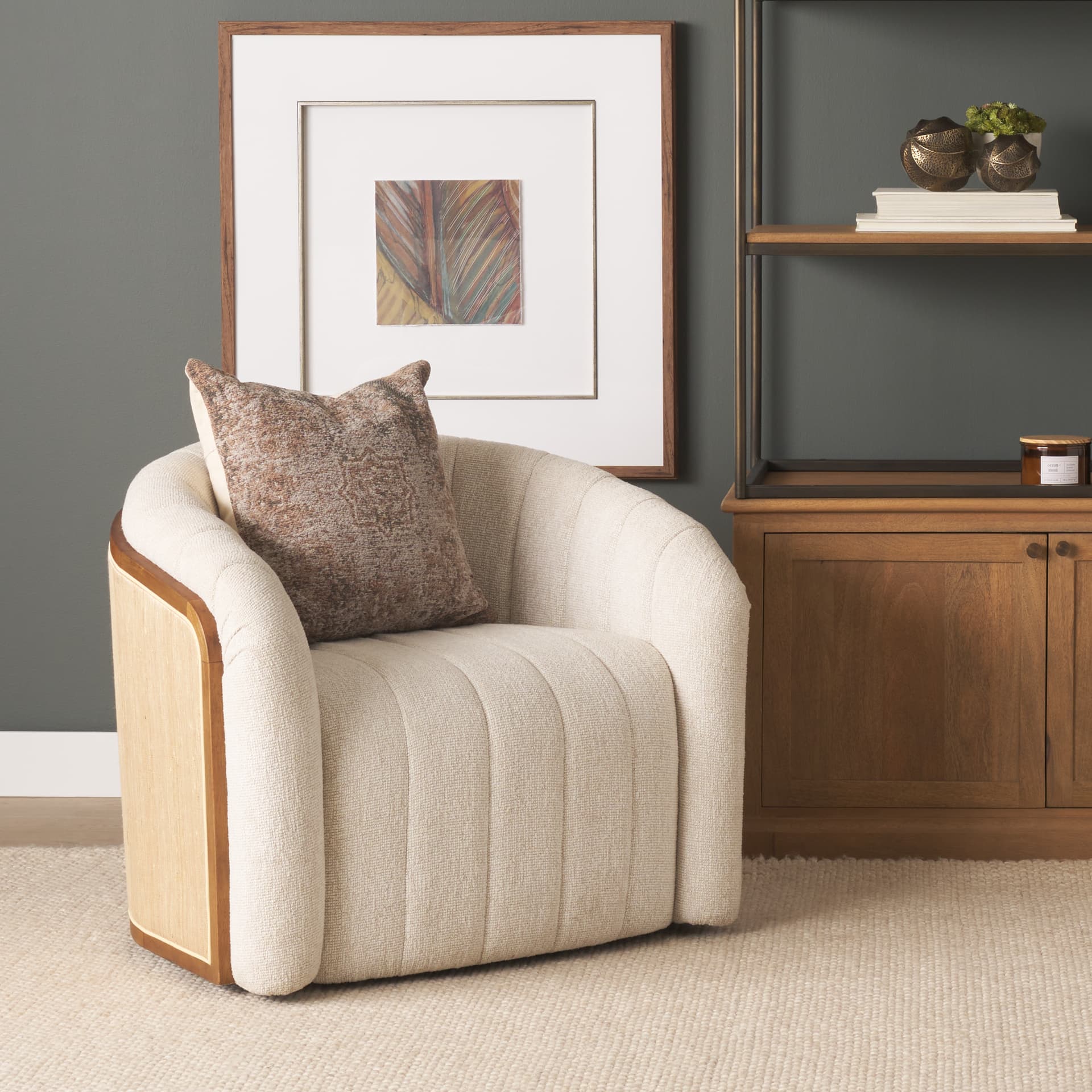 Fonda Cream Fabric w/ Natural Jute Swivel Accent Chair — in a styled room