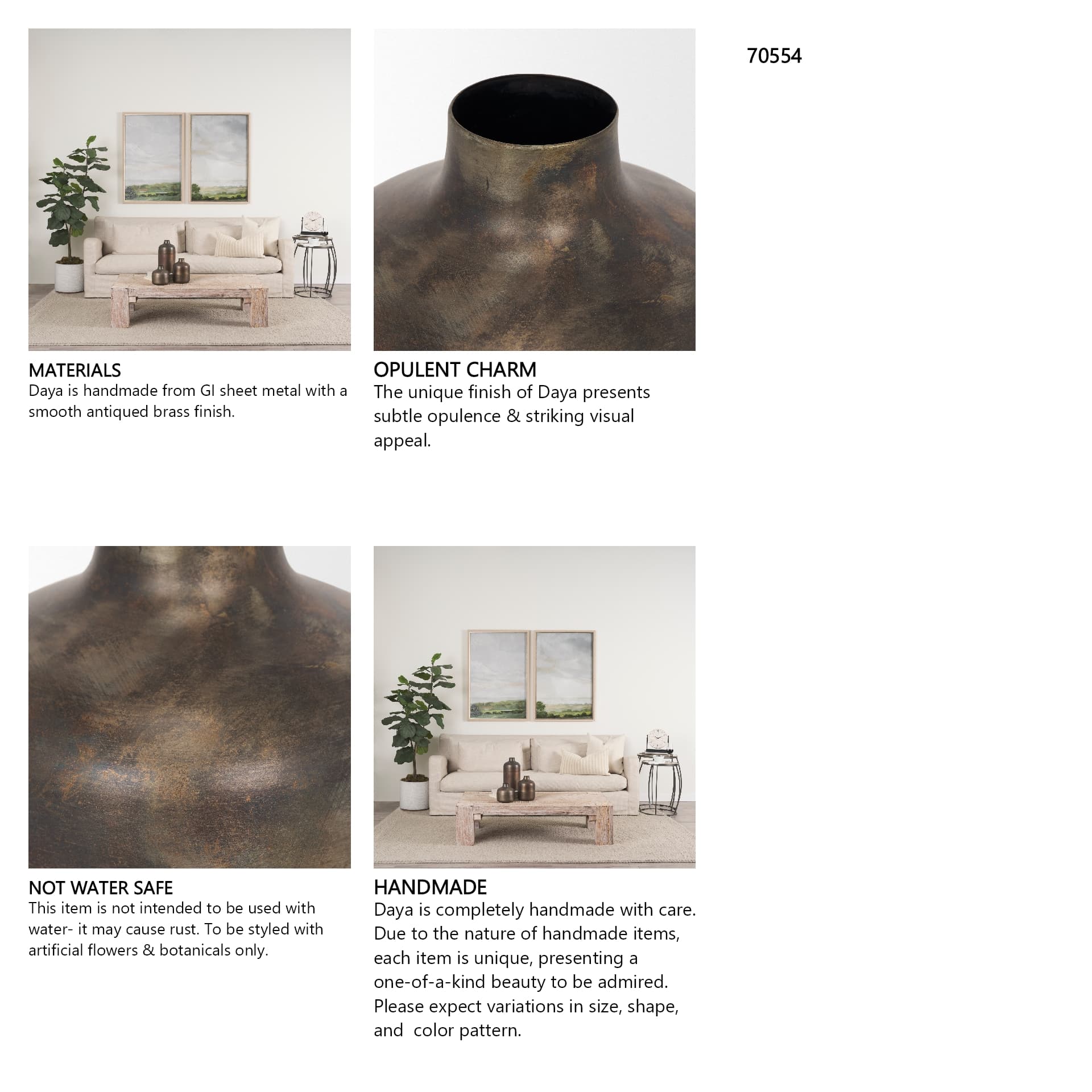 Daya Short Antiqued Gold Metal Vase — in a styled room