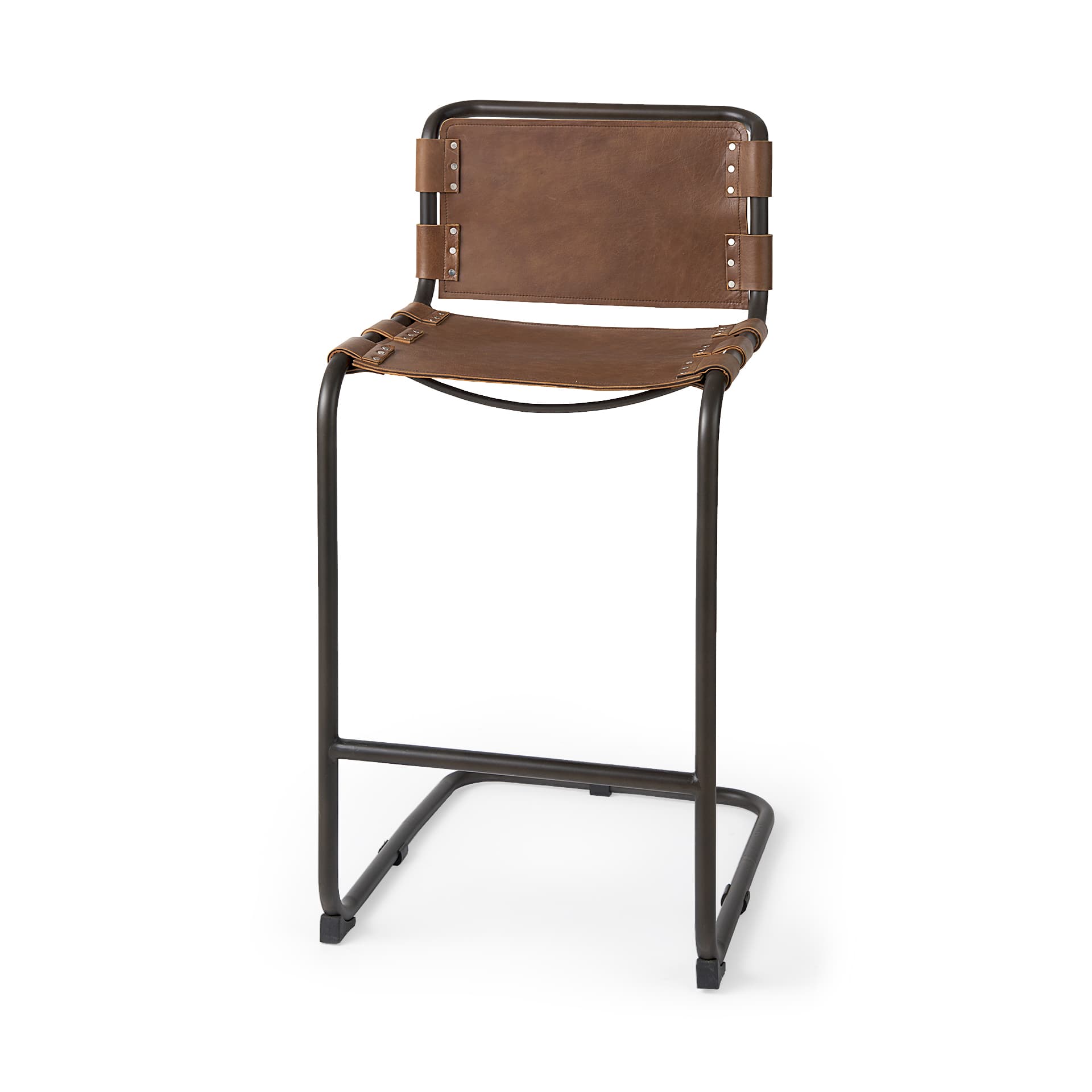Berbick Low Back 30in Seat Bar Stool | Brown Leather w/ Gray Metal — product photograph