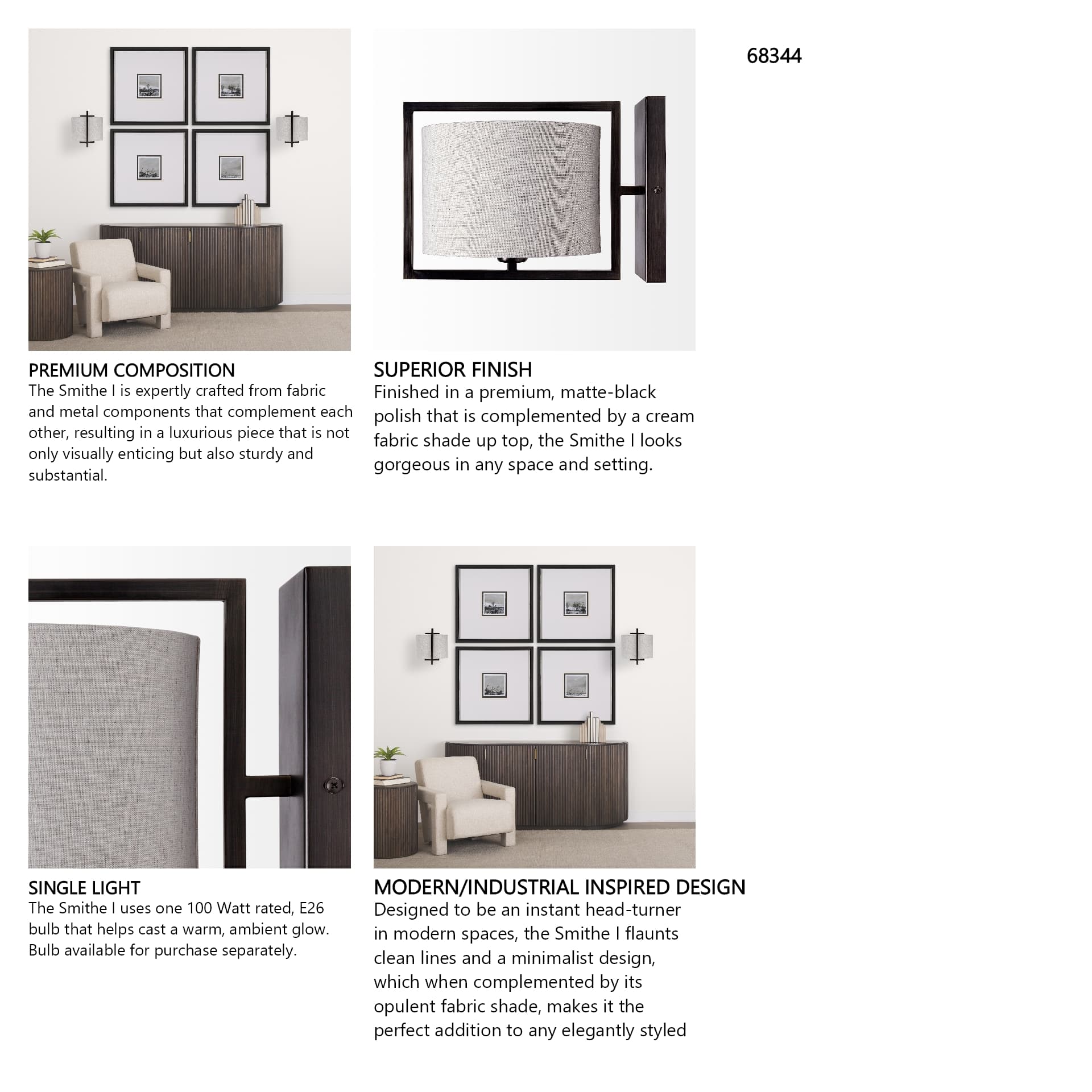 Smithe I 9x13 Black Toned Metal Cream Lampshade Wall Sconce — in a styled room