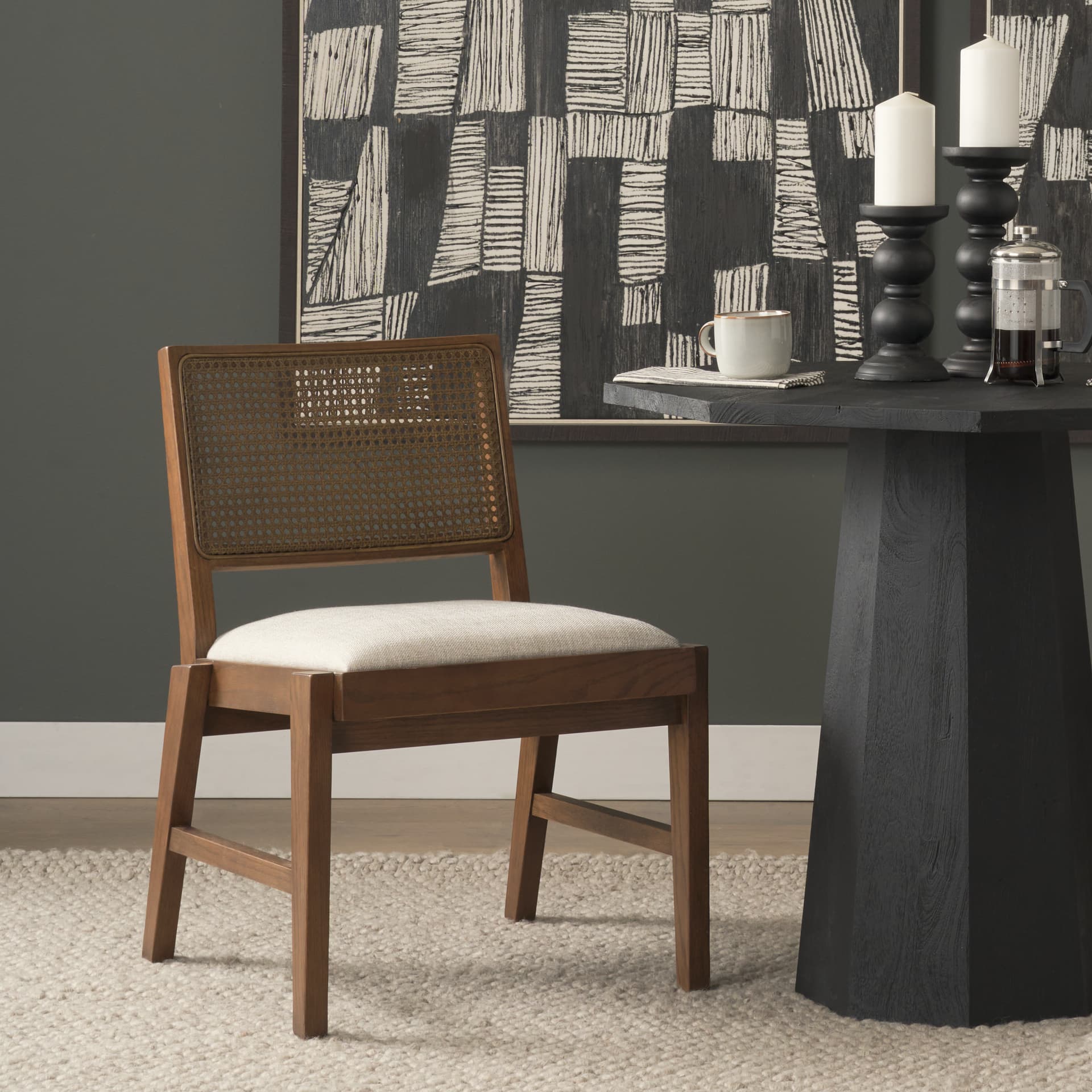Reid Cane Back Dining Side Chair | Cream Fabric w/ Brown Wood — product photograph