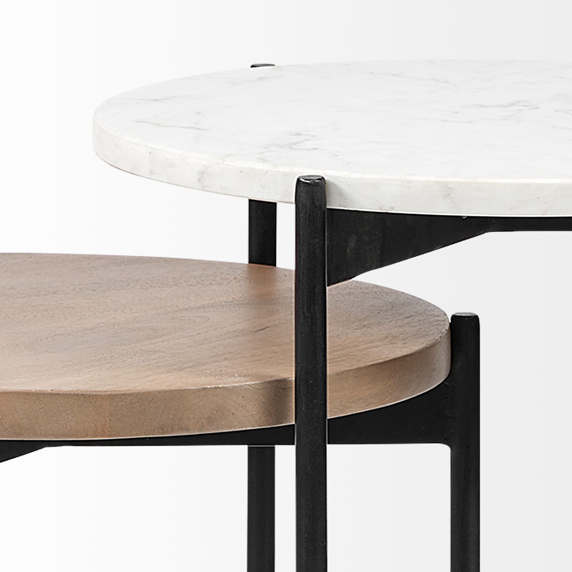 Larkin II Marble and Medium Brown Wood Round Tabletop Nesting End/Side Tables — product photograph