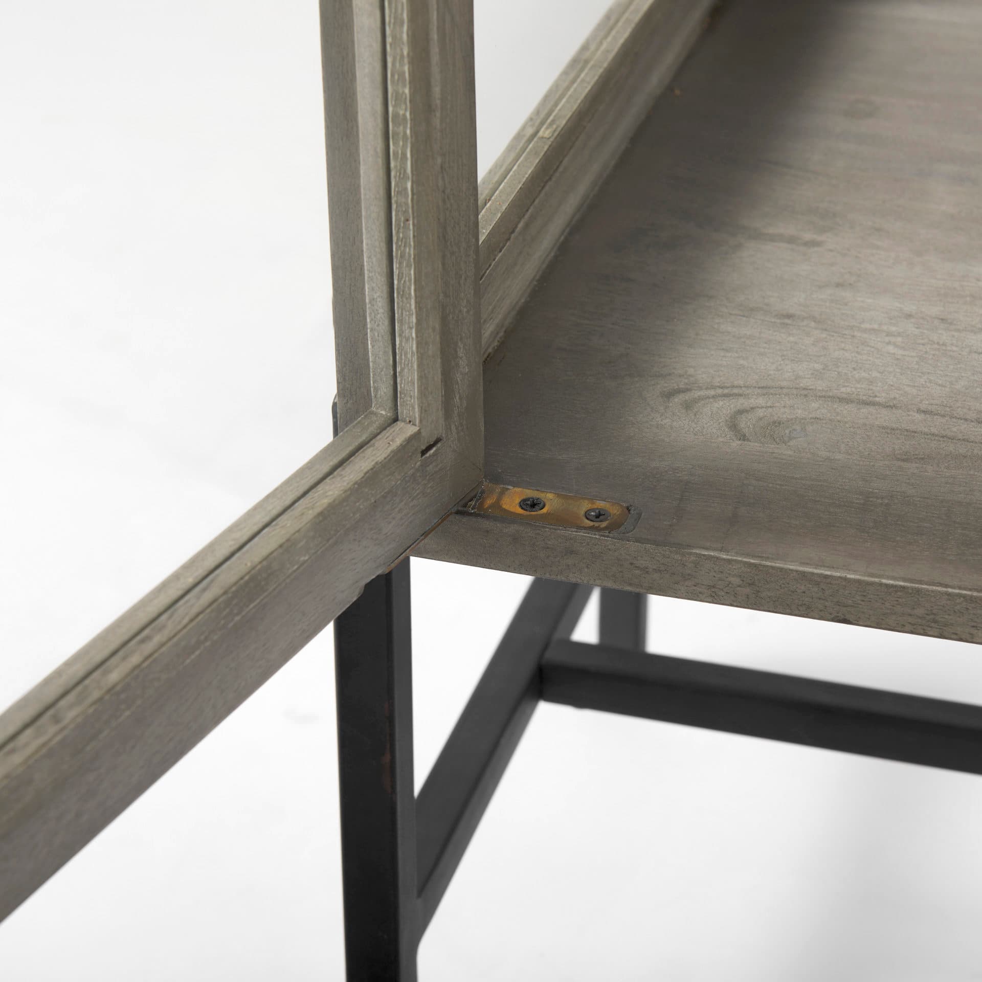 Arelius 36L x 18W x 32H Gray Wood, Black Metal Base w/ 2 Glass Doors Accent Cabinet — product photograph
