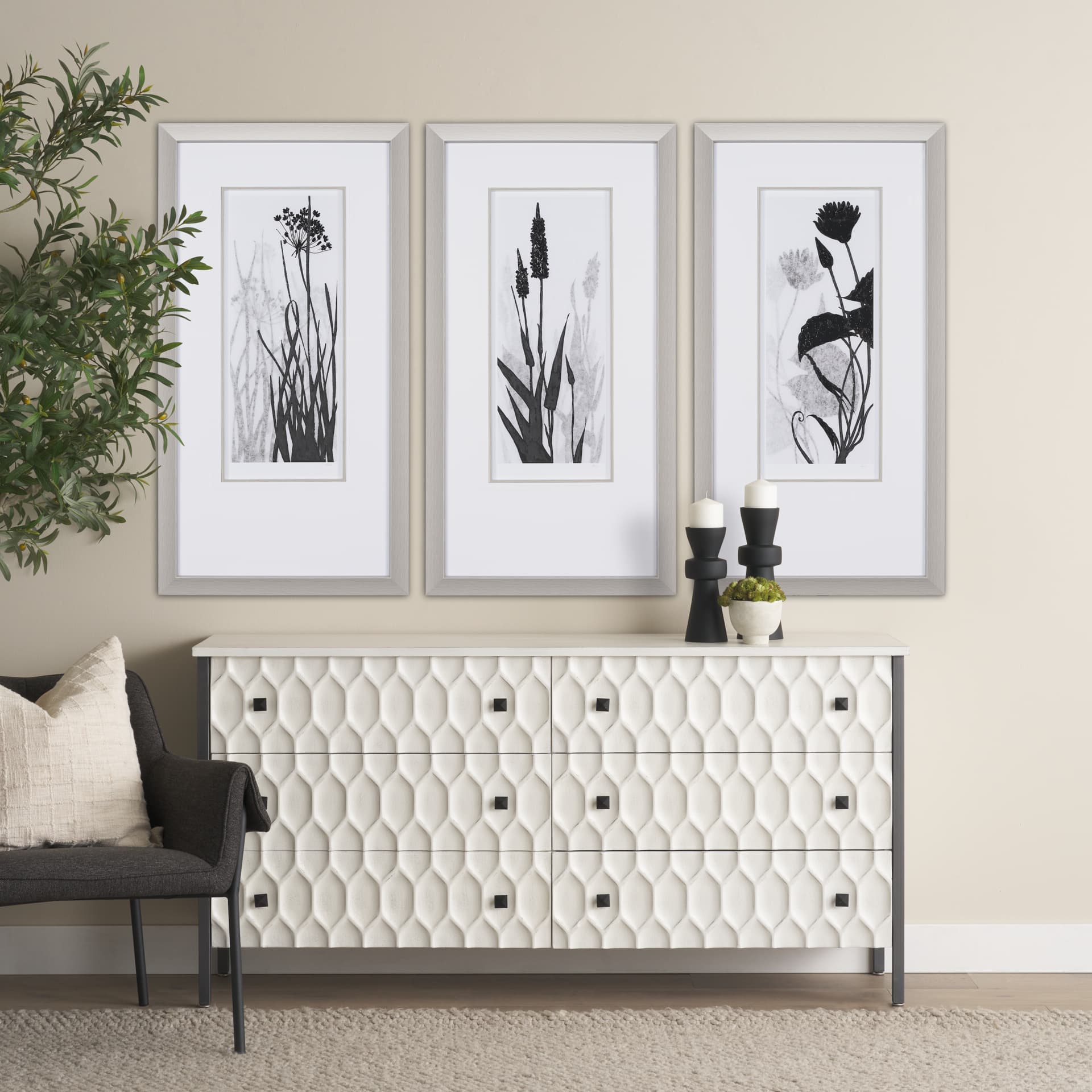 Floral Silhouette II by Mercana Studio Hand Embellished Textured Framed Art Print Matted under Glass — in a styled room