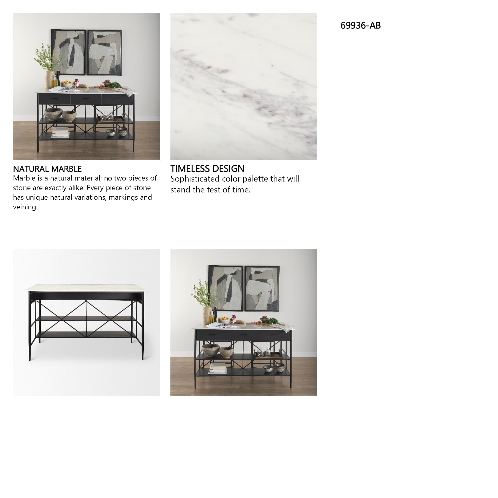 Amika White Marble Top Black Metal Base Kitchen Island — in a styled room