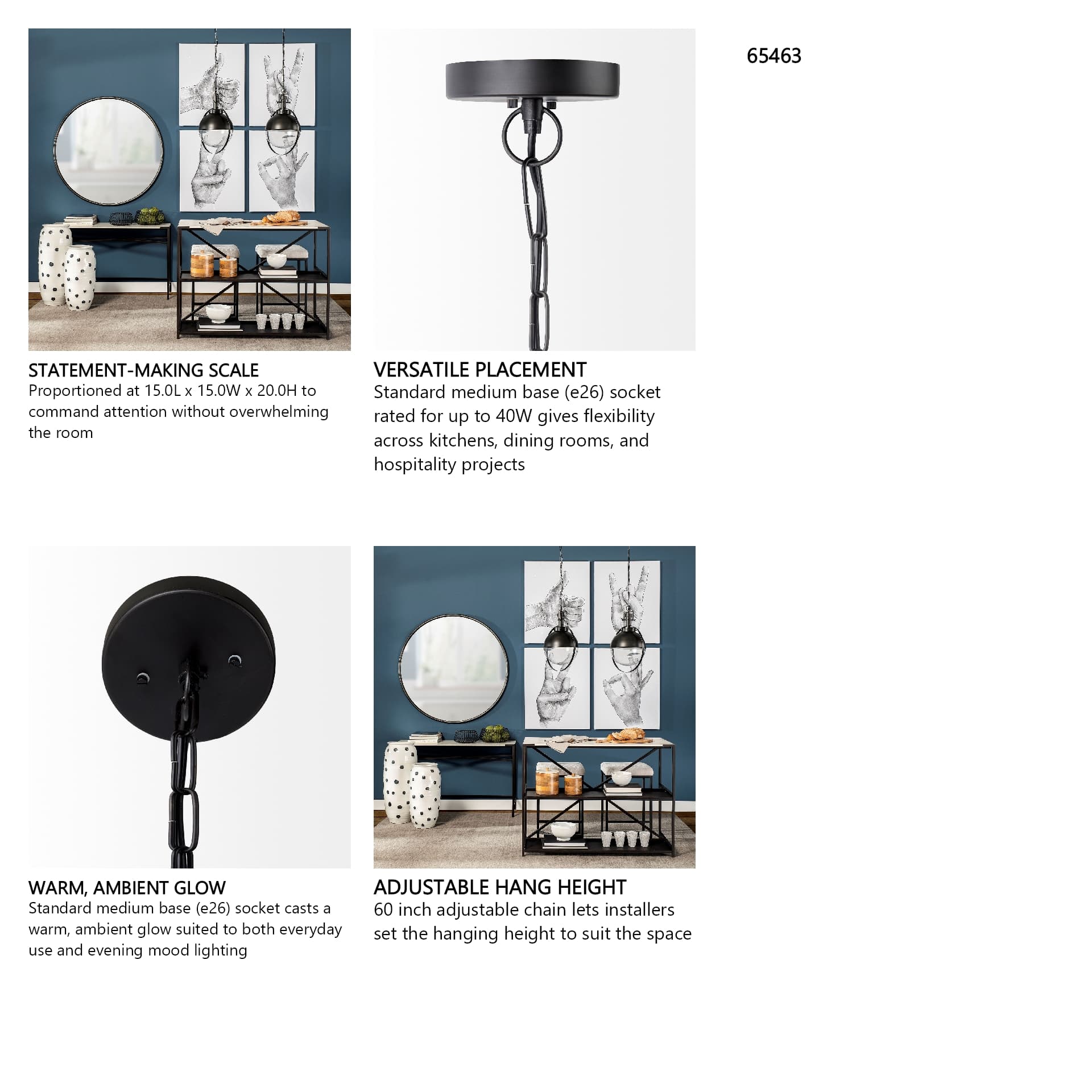 Leighton II 15x20 Black Metal Spherical Pendant Light — in a styled room