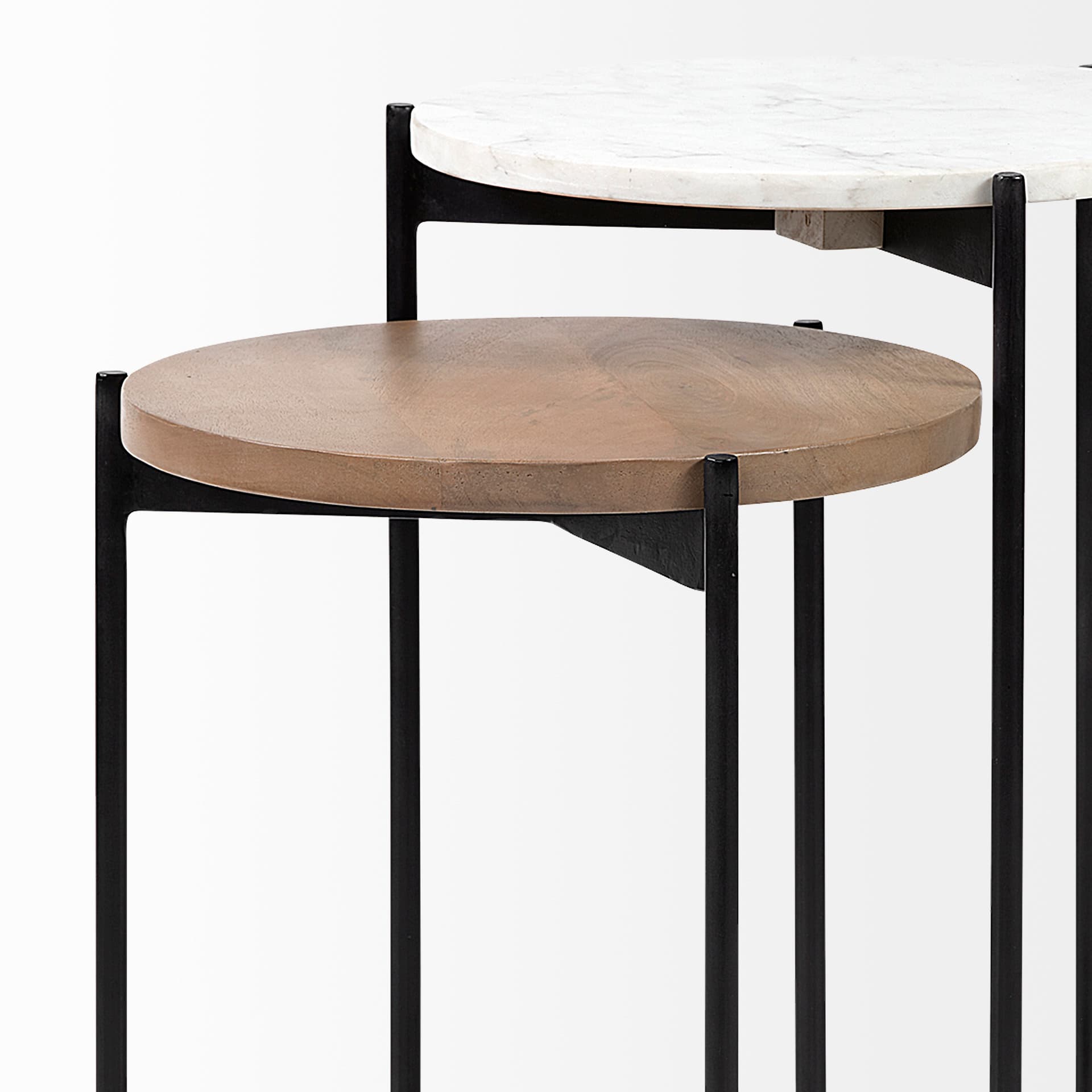 Larkin II Marble and Medium Brown Wood Round Tabletop Nesting End/Side Tables — product photograph