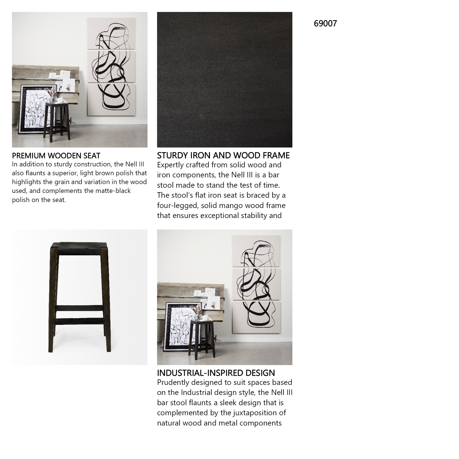 Nell Backless 30in Seat Bar Stool | Black Metal w/ Dark Brown Wood — product photograph