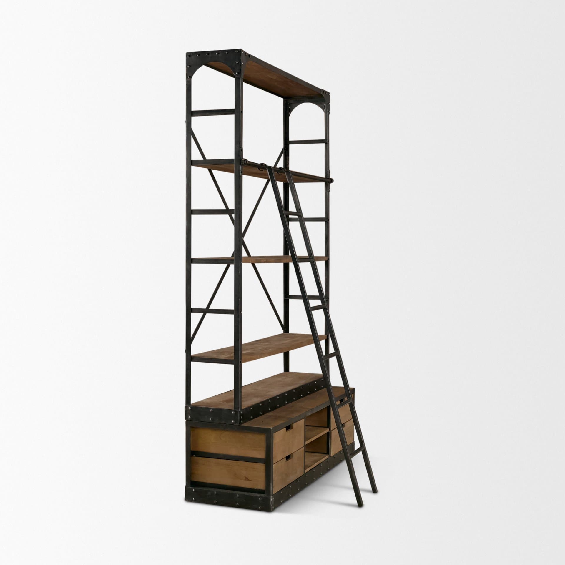 Brodie VIII 57L x 20.5W x 94H Brown Wood Gun-Metal Ladder Four Shelf Shelving Unit — product photograph