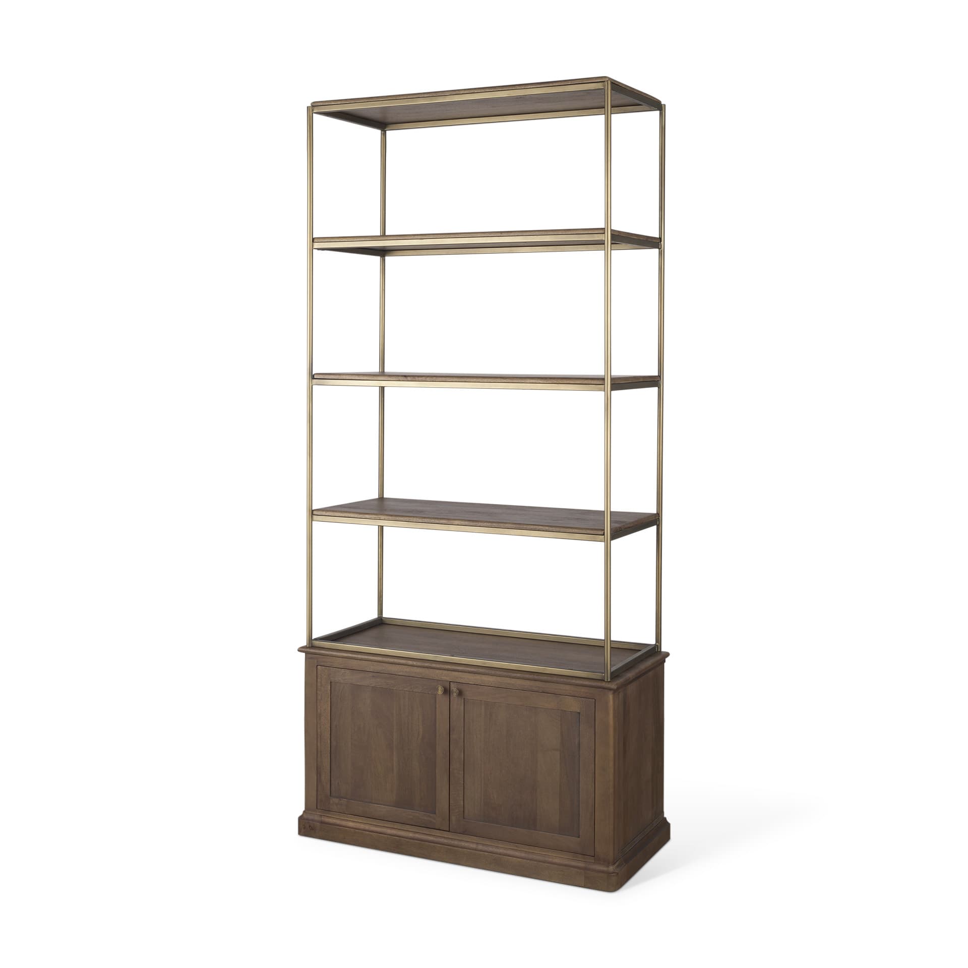 Baron Dark Brown Wood w/ Antiqued Aged Brass Metal 2-Door Open Shelving Unit — product photograph