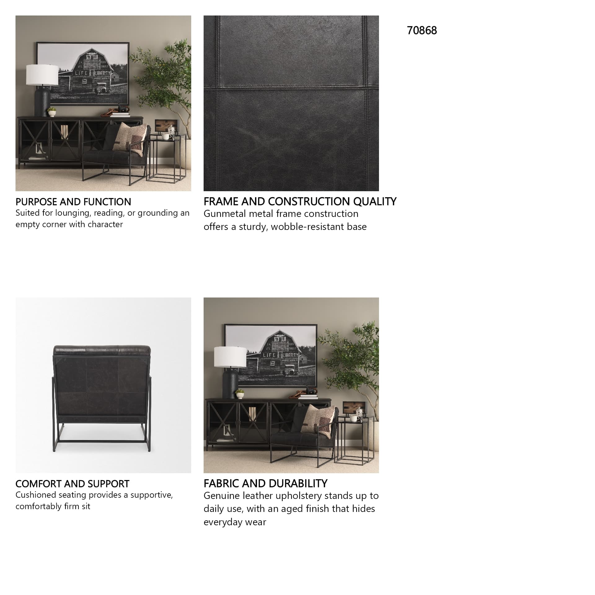 Stratton Gunmetal w/ Genuine Aged Black Leather Upholstered Accent Chair — in a styled room