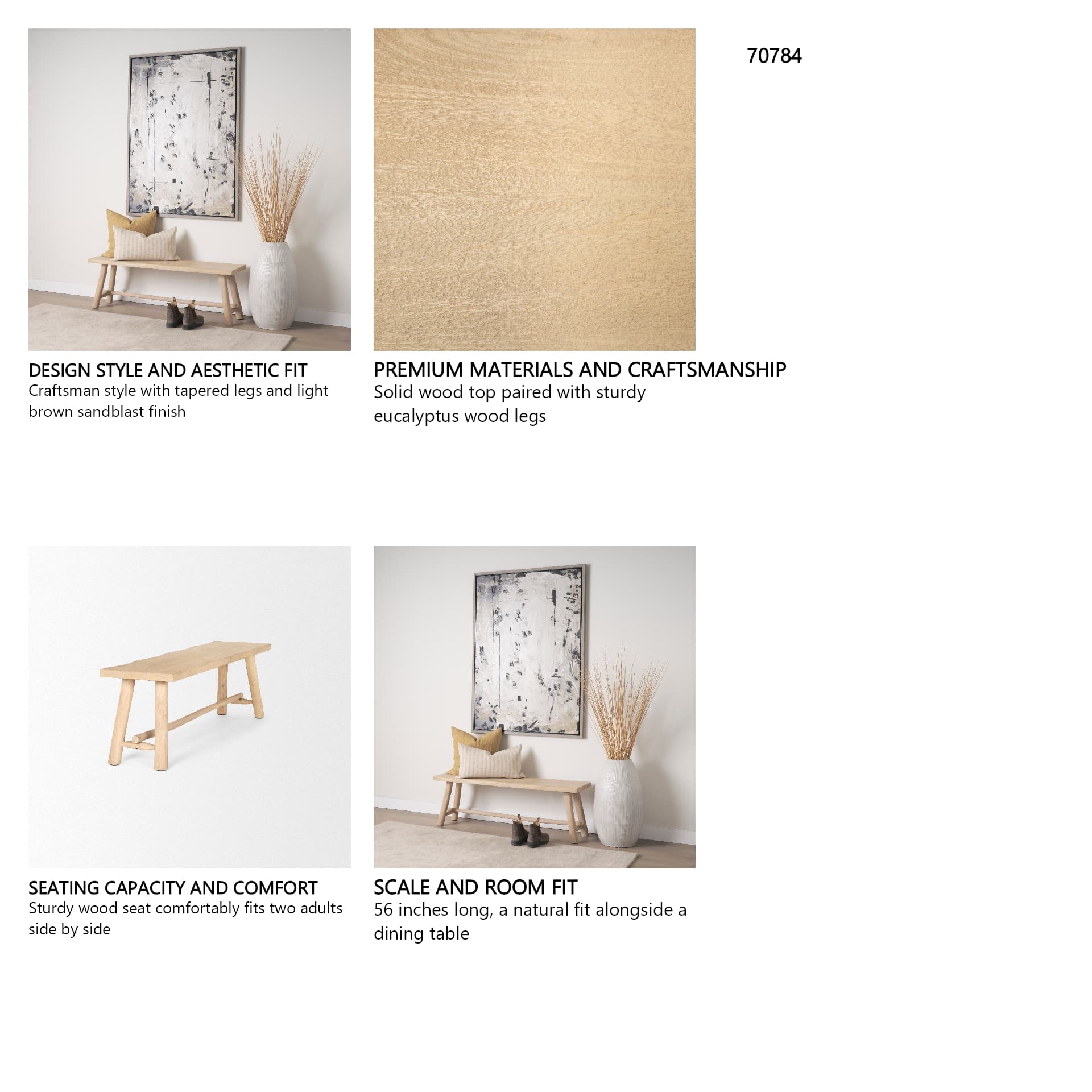 Sekou Light Brown Wooden Craftsman Bench — in a styled room