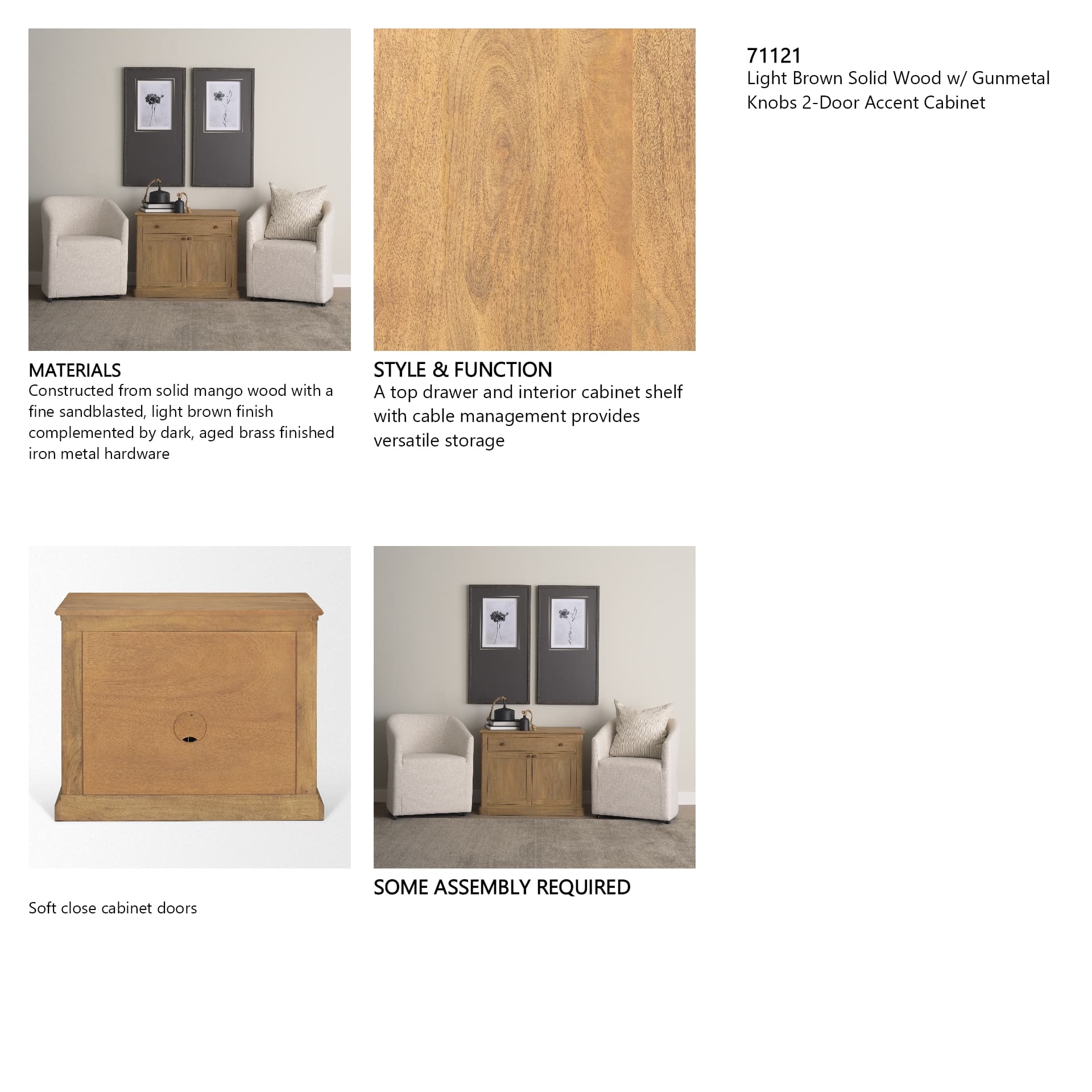 Baron Light Brown Solid Wood w/ Gunmetal Knobs 2-Door Accent Cabinet — in a styled room