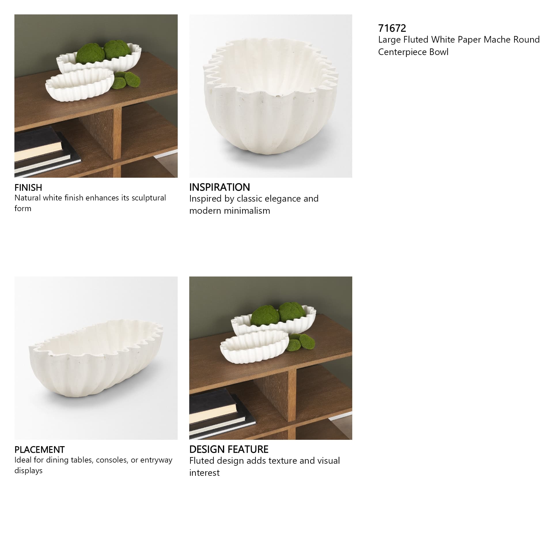 Camelia Large Fluted White Paper Mache Round Centerpiece Bowl — in a styled room