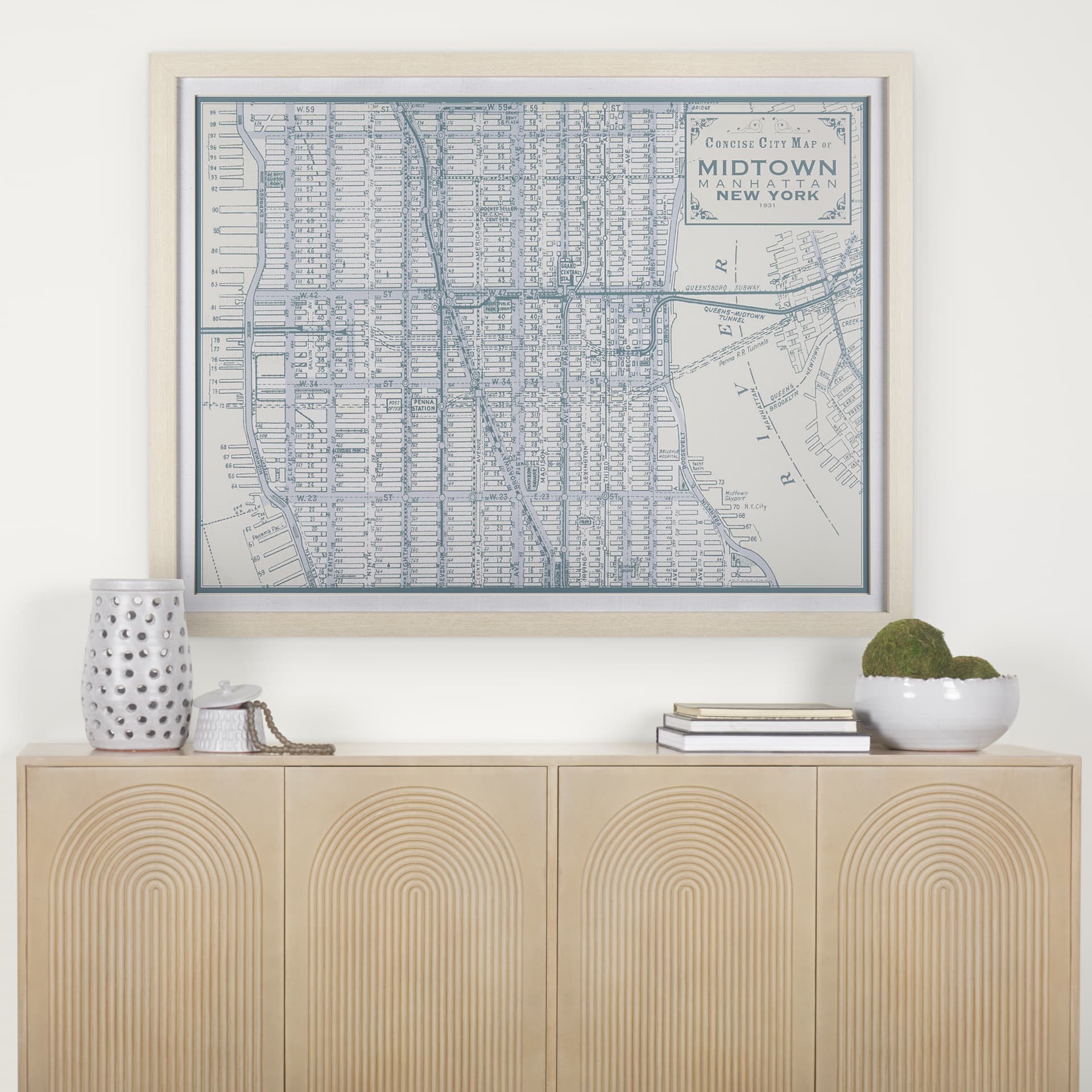 Manhattan Map I by Mercana Studio a Hand Embellished Textured Framed Art Print Matted under Glass — in a styled room