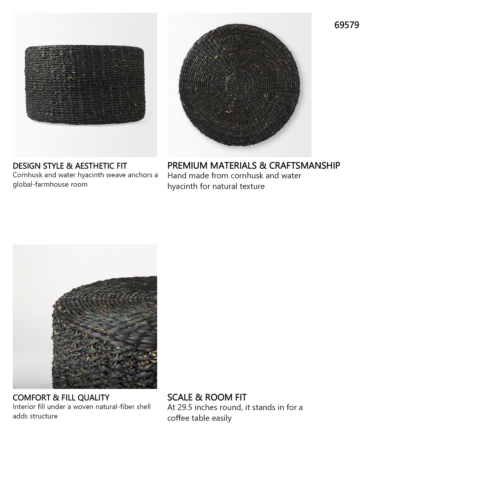 Dina 75L x 75W x 45H Black Cornhusk and Water Hyacinth Round Coffee Table Pouf — in a styled room