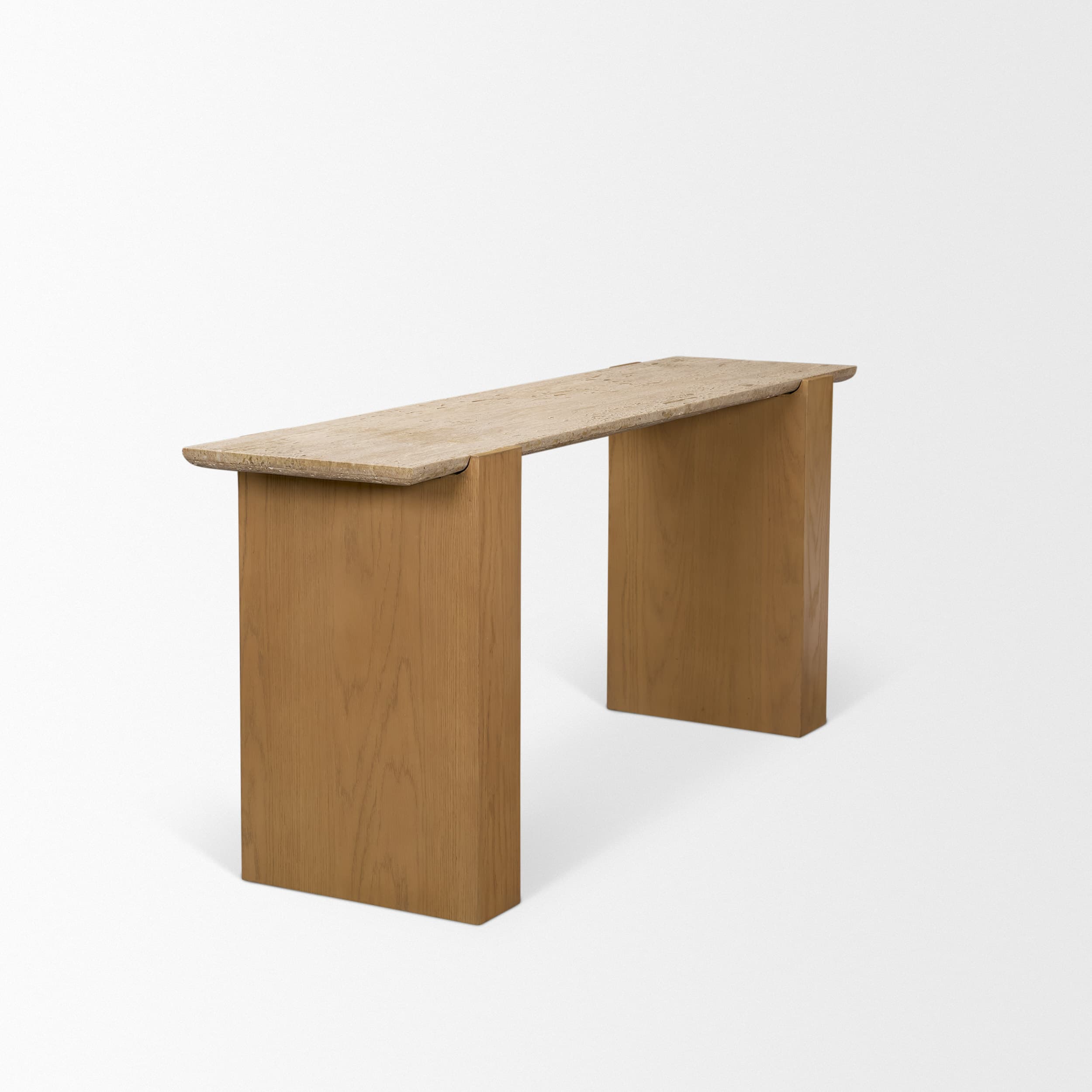 Milos Travertine Top w/ Light Brown Oak Wood Console Table — product photograph