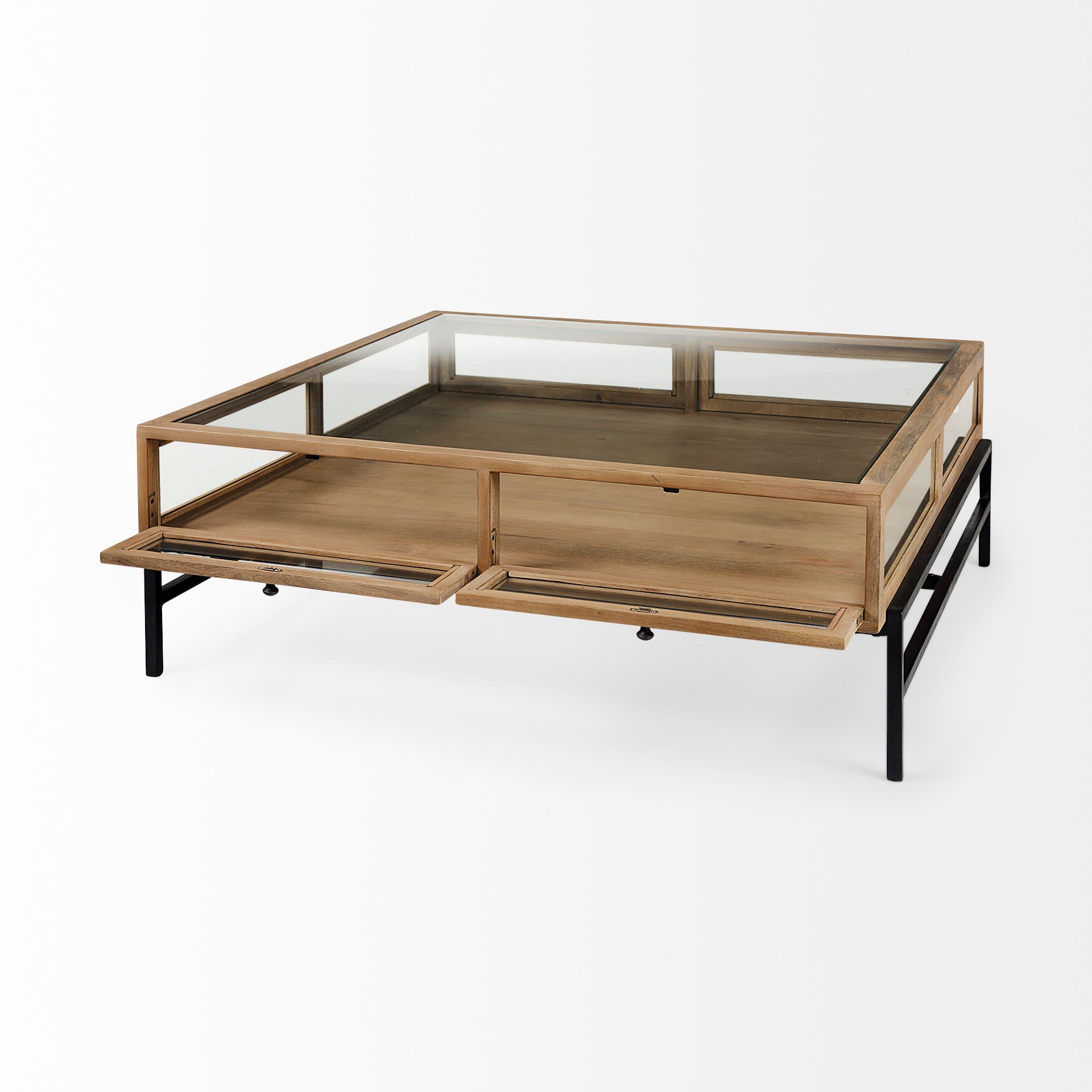 Arelius 42" Square Glass-Top Light Brown w/ Black Metal Base Display Coffee Table — product photograph