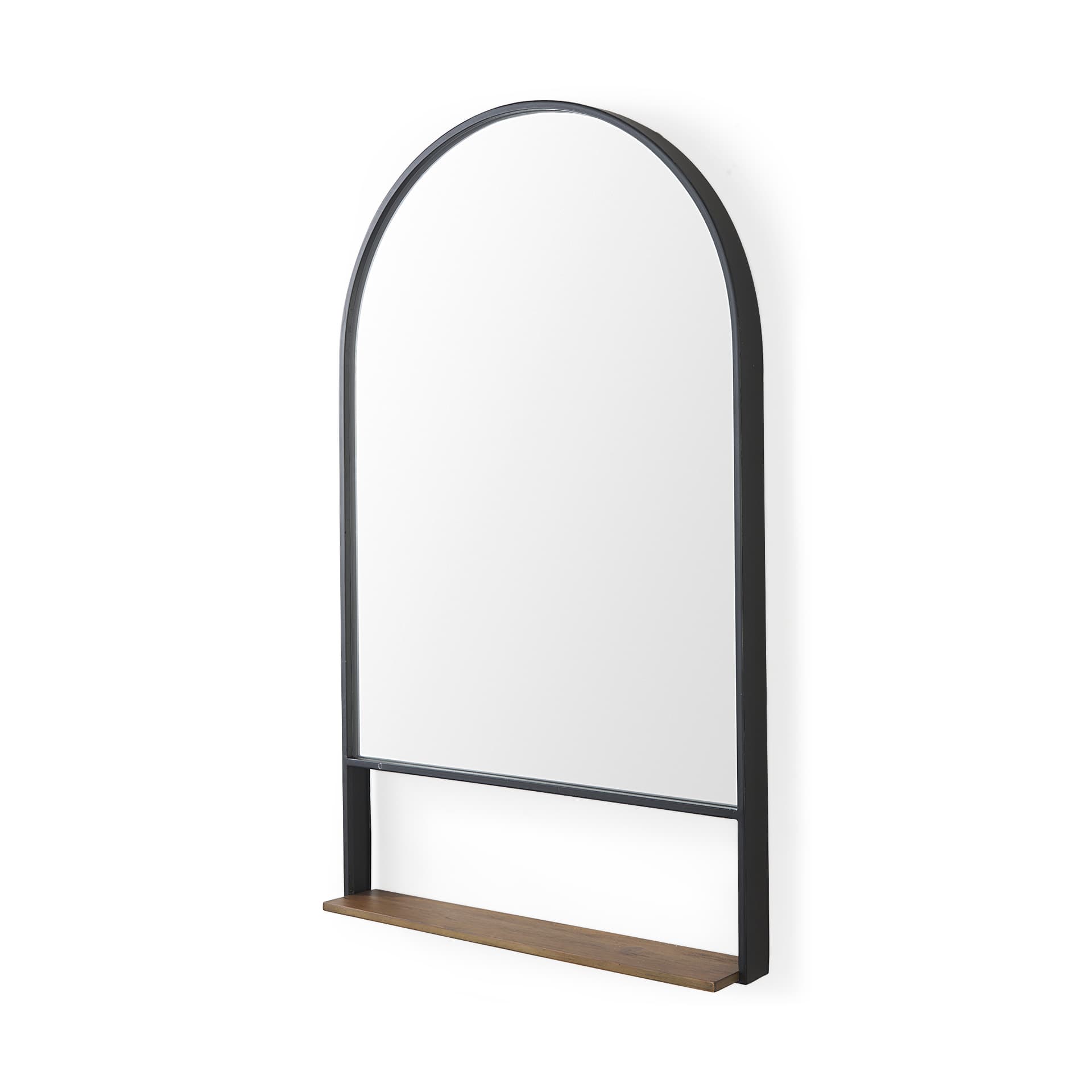 Cora 24.0L x 3.9W x 40.0H Black Metal Frame W/ Brown Wooden Shelf Arched Wall Mirror — product photograph
