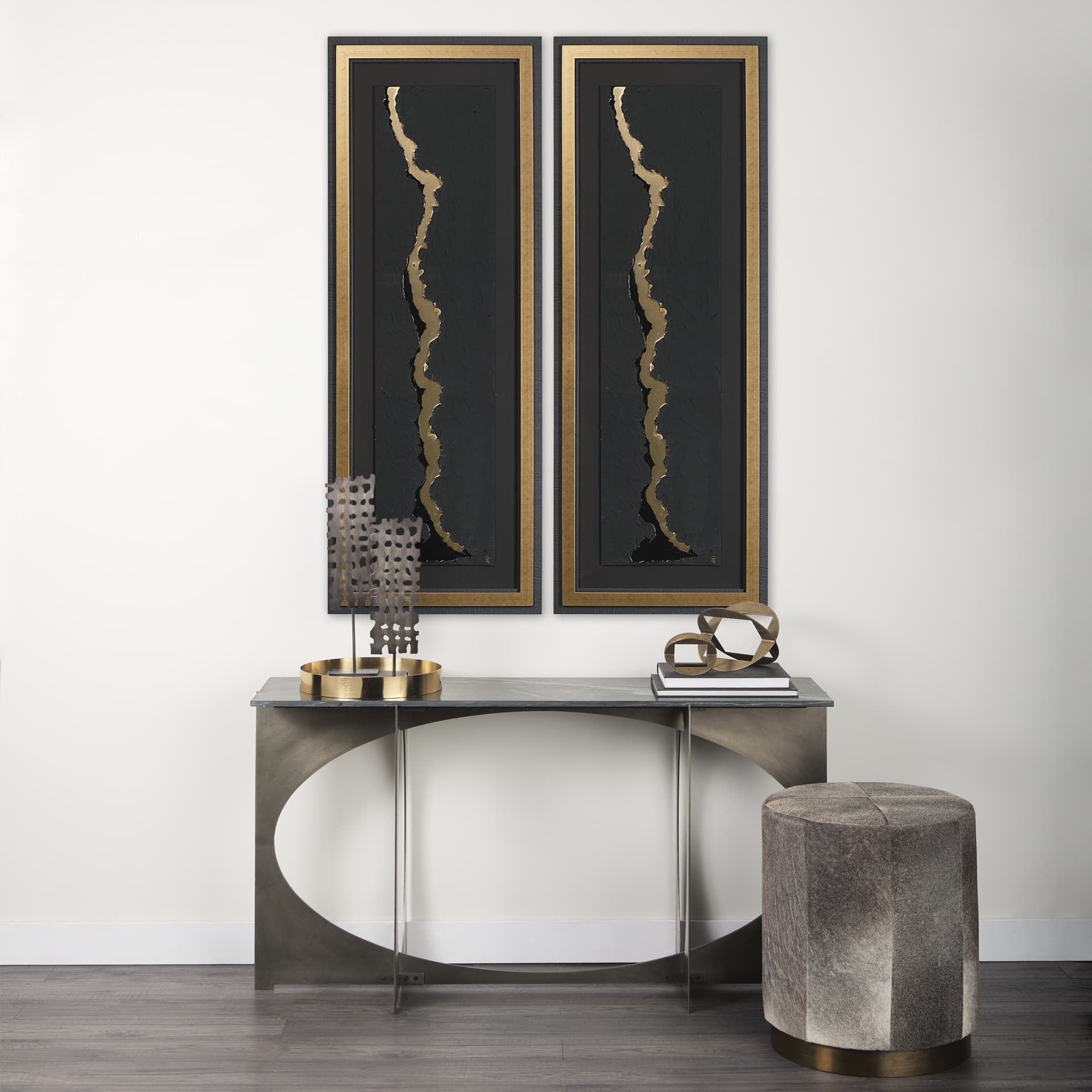 Gold River by Barbara Fleming a Hand Embelished Textured Framed Art Print Matted under Glass — in a styled room