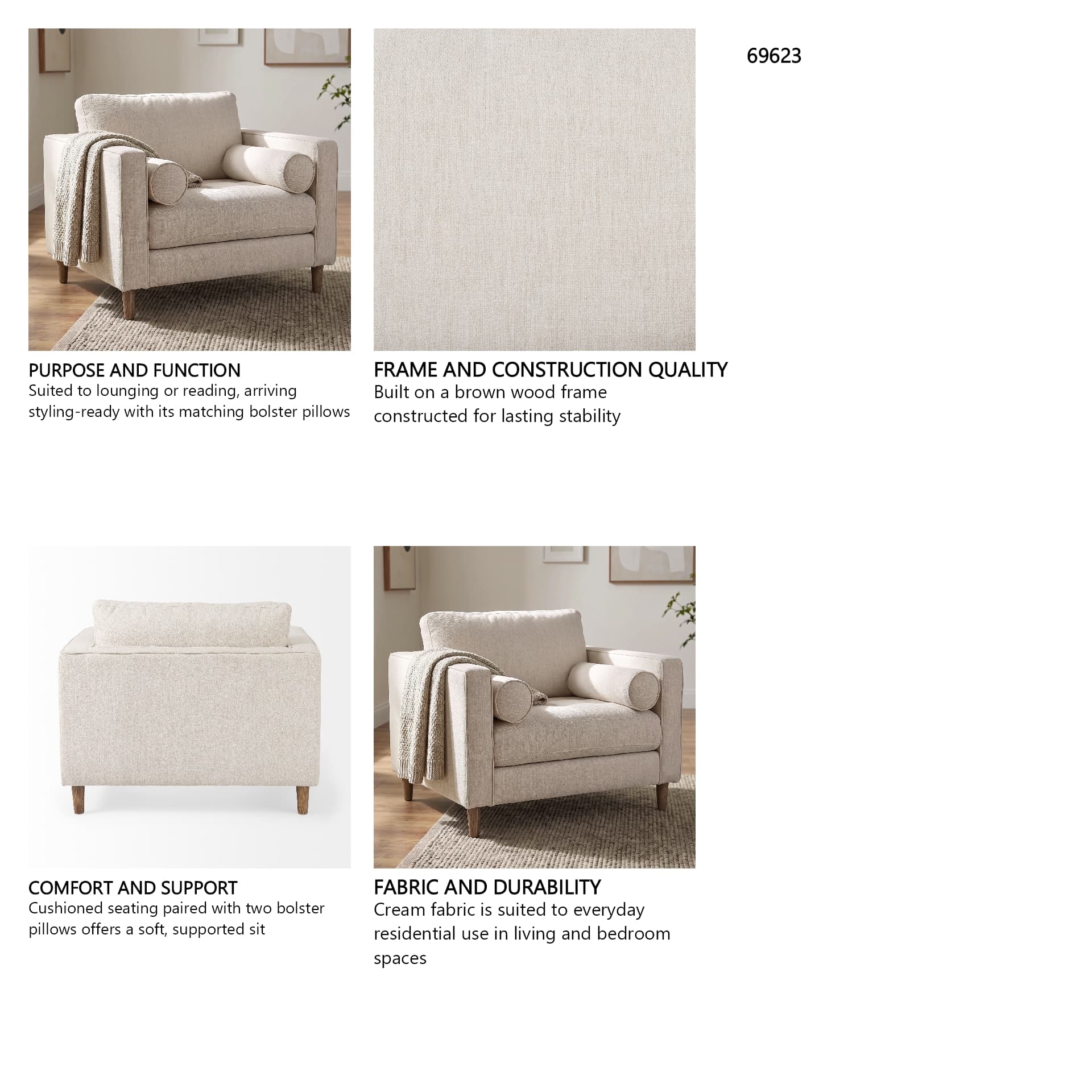 Loretta 40.7L x 36.2W x 33.9H Cream Fabric Chair W/ Two Bolster Cushions — in a styled room