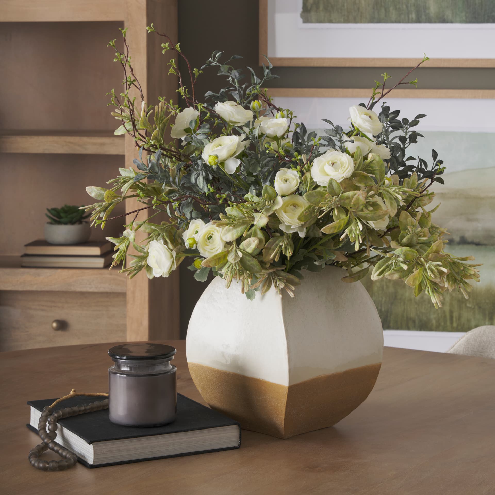 Vania Short Off White w/ Tan Textured Ceramic Vase — in a styled room