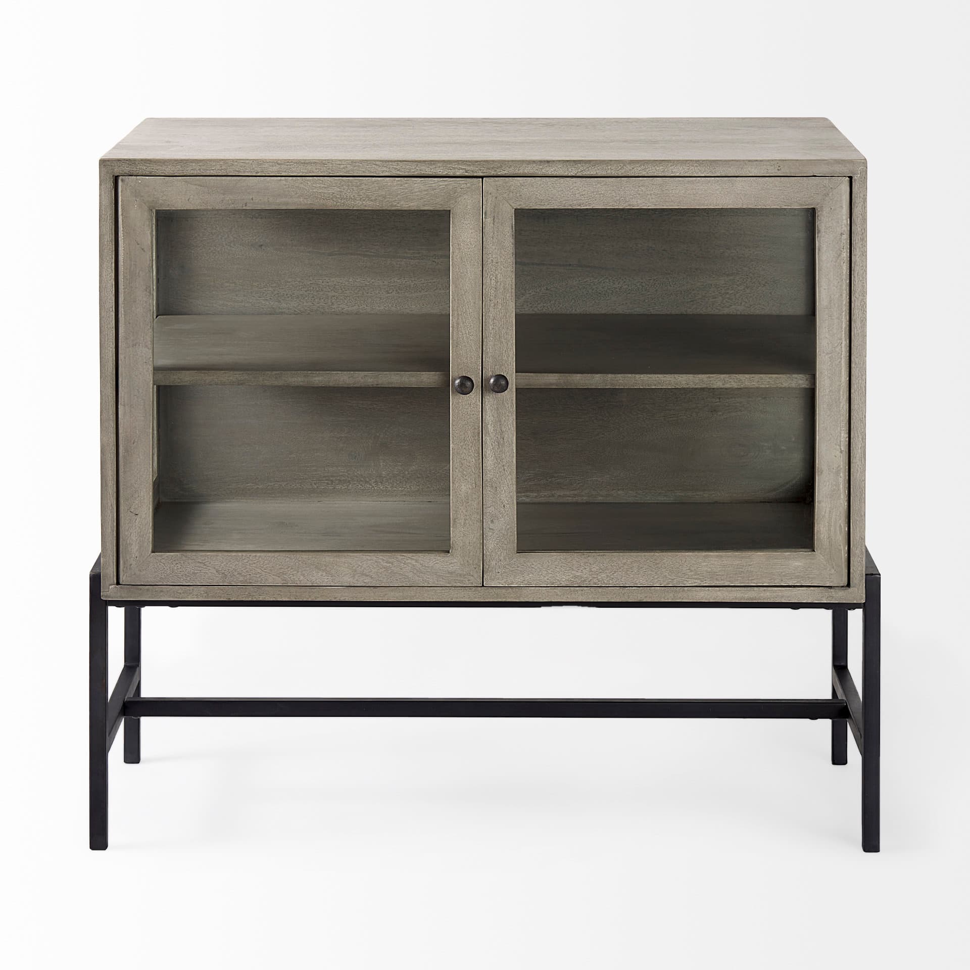 Arelius 36L x 18W x 32H Gray Wood, Black Metal Base w/ 2 Glass Doors Accent Cabinet — product photograph