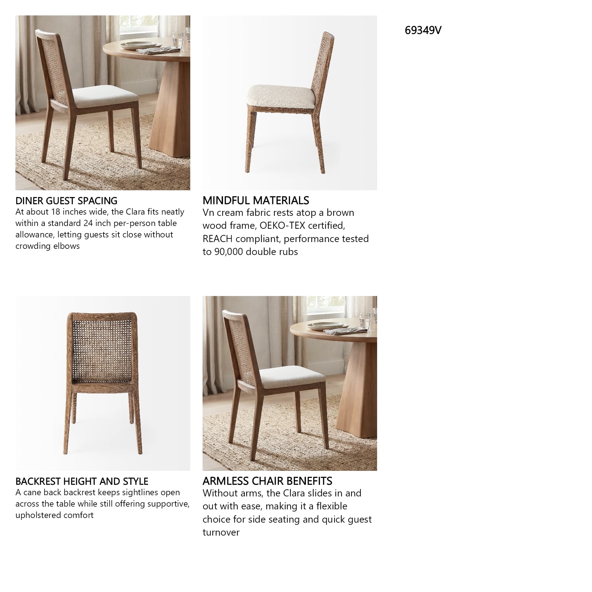 Clara Cane Back Dining Side Chair | Cream Fabric w/ Brown Wood — in a styled room