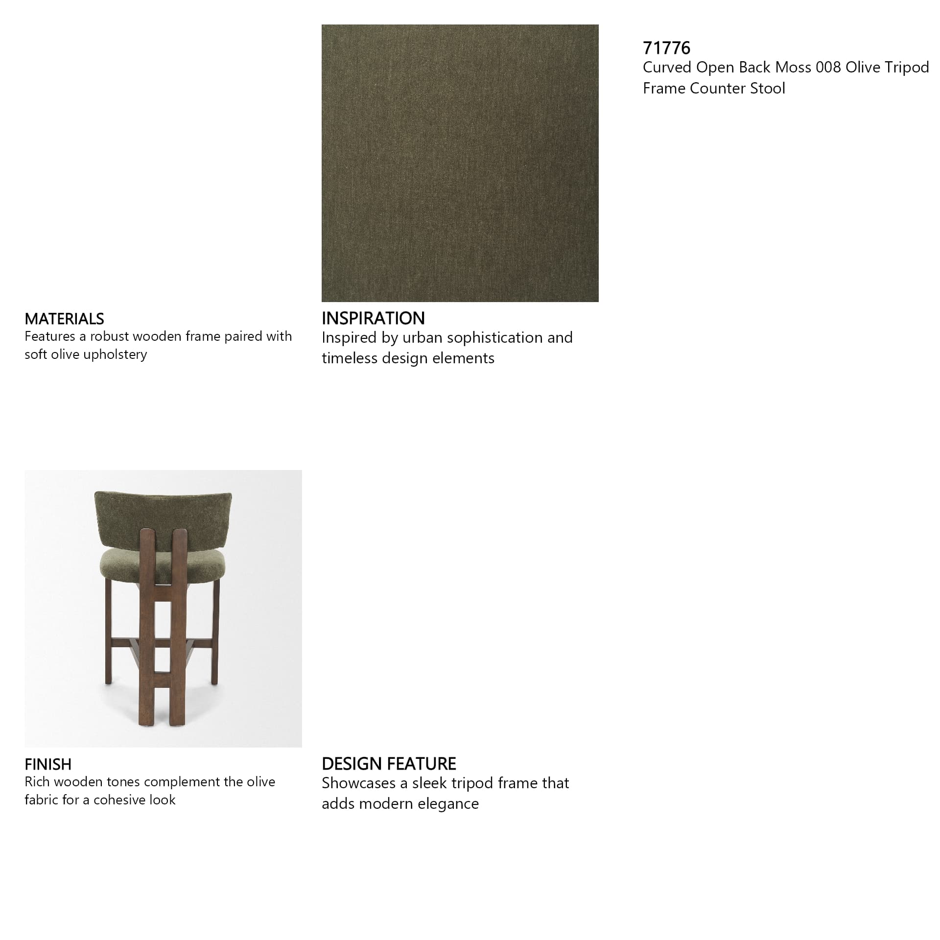 Soho Open Back 35.3in Seat Counter Stool | Olive Fabric w/ Brown Wood — product photograph