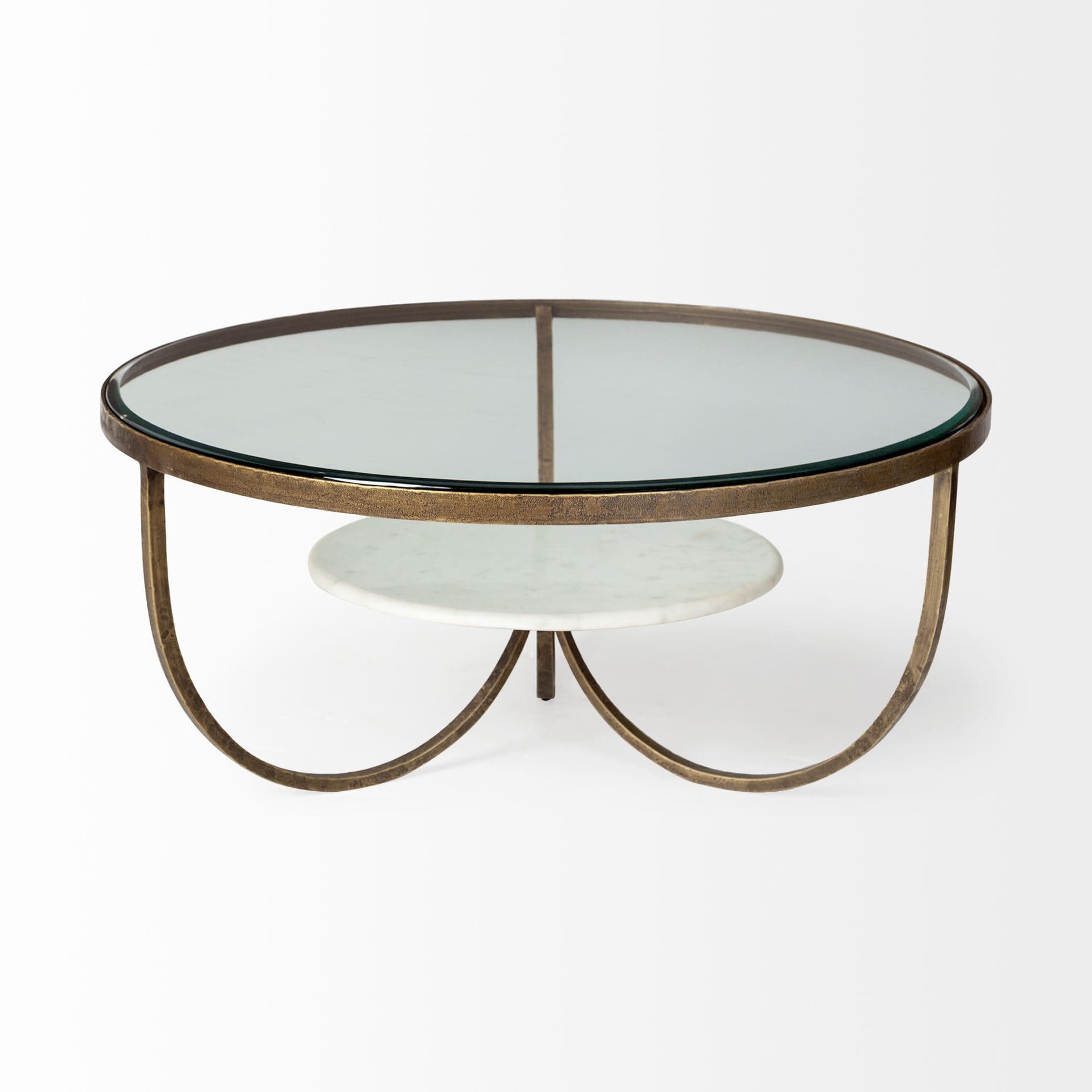 Reinhardt 36" Round Glass Top Marble Shelf Gold Metal Base Coffee Table — product photograph