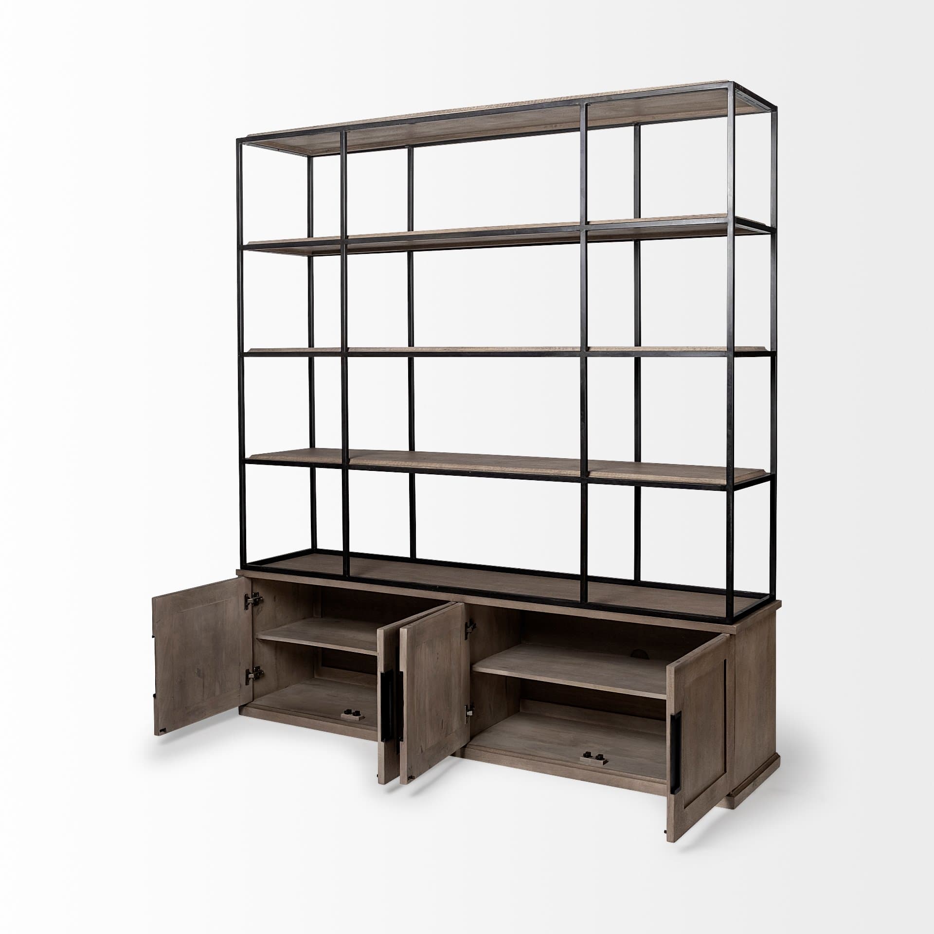 Braxton I Light Brown Wood and Iron Three Shelf Shelving Unit 81.5L x 18.5W x 90 — product photograph