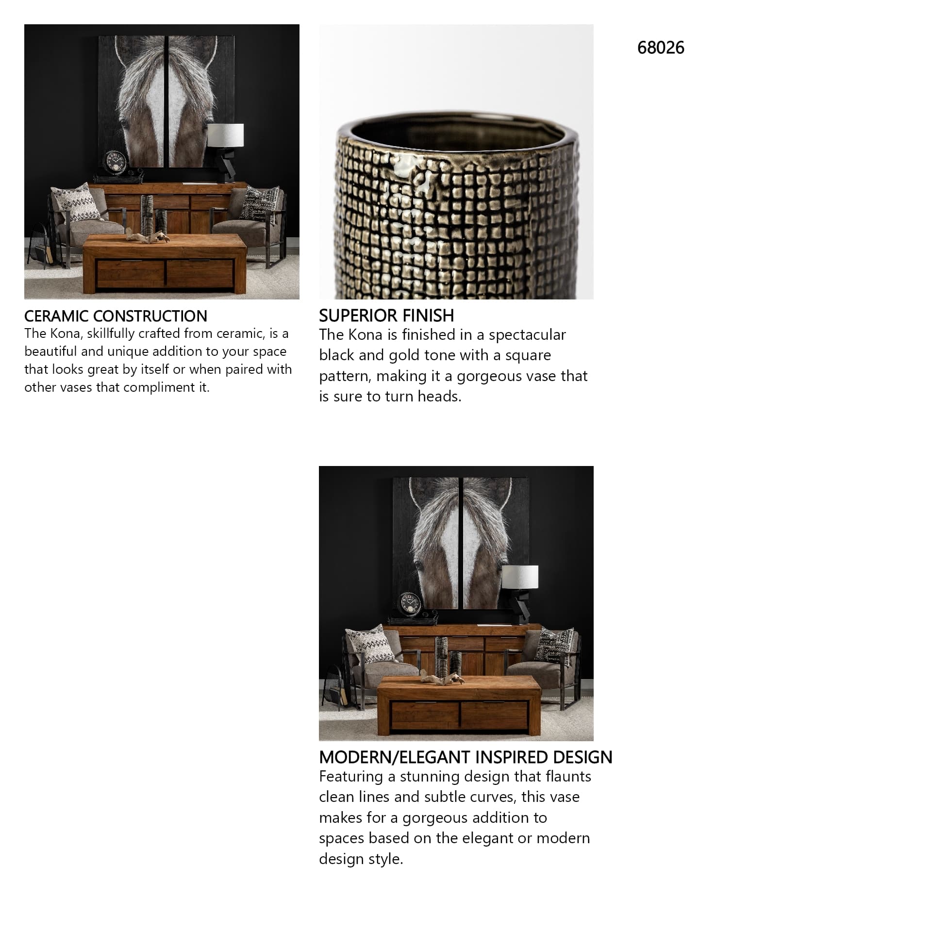 Kona III Large Black/Gold Cylindrical Ceramic Vase — in a styled room
