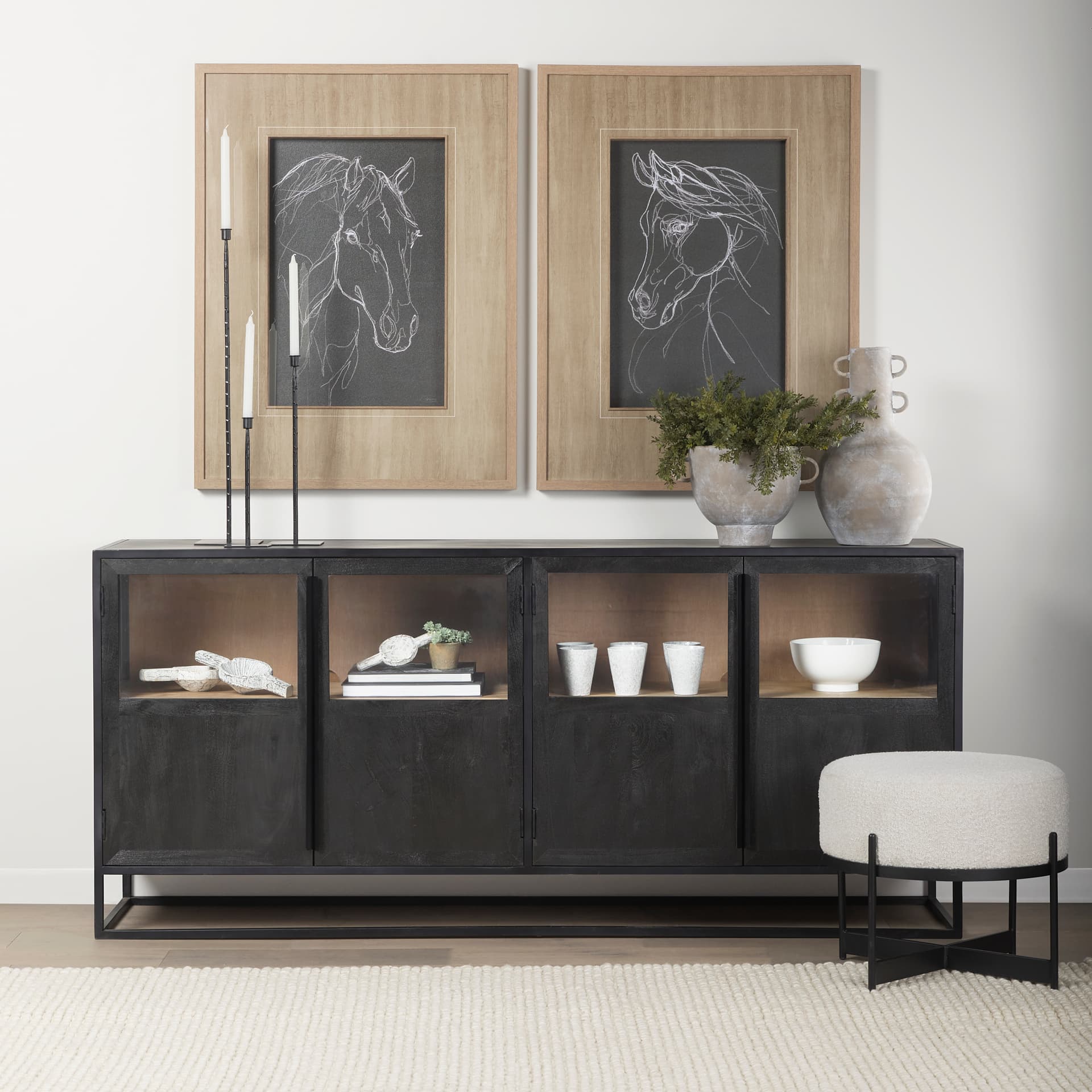 Sloan 80.0L x 17.0W x 36.0H Black Wood W/Black Metal Frame Sideboard — in a styled room