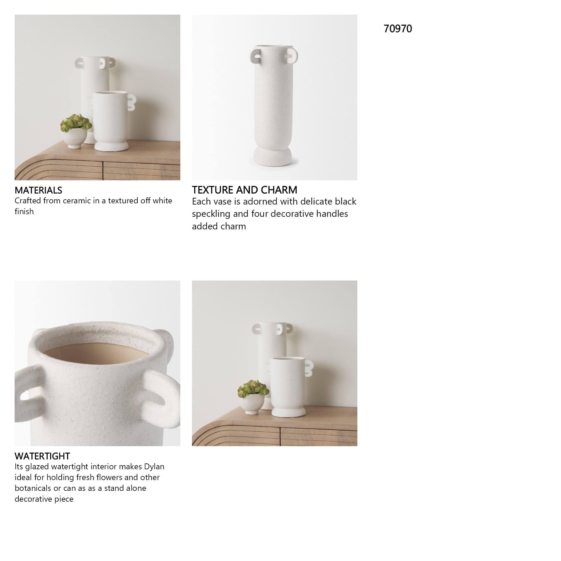 Dylan Tall Textured Off White w/ Handles Ceramic Vase — in a styled room