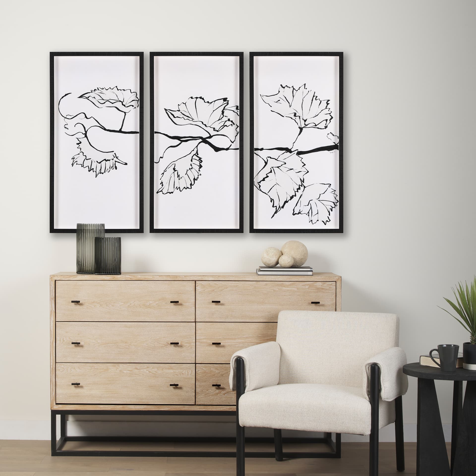 Begonia Vine (Left) by Mercana Studio Hand Embellished Textured Framed Art Print Matted under Glass — in a styled room