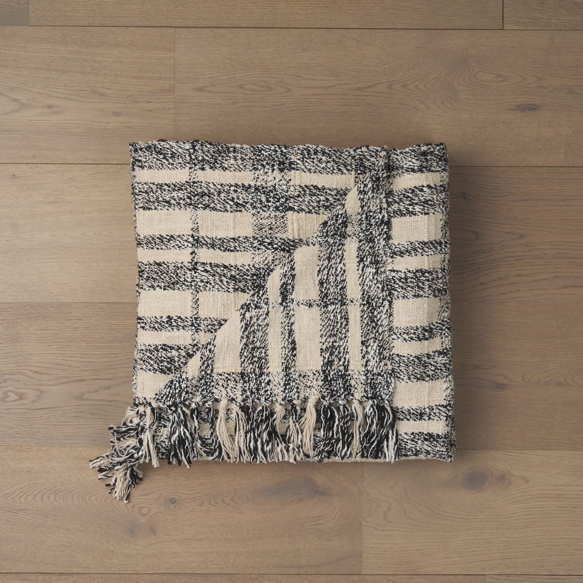 Pendle Cream w/ Woven Black Plaid Pattern Cotton Throw Blanket — product photograph