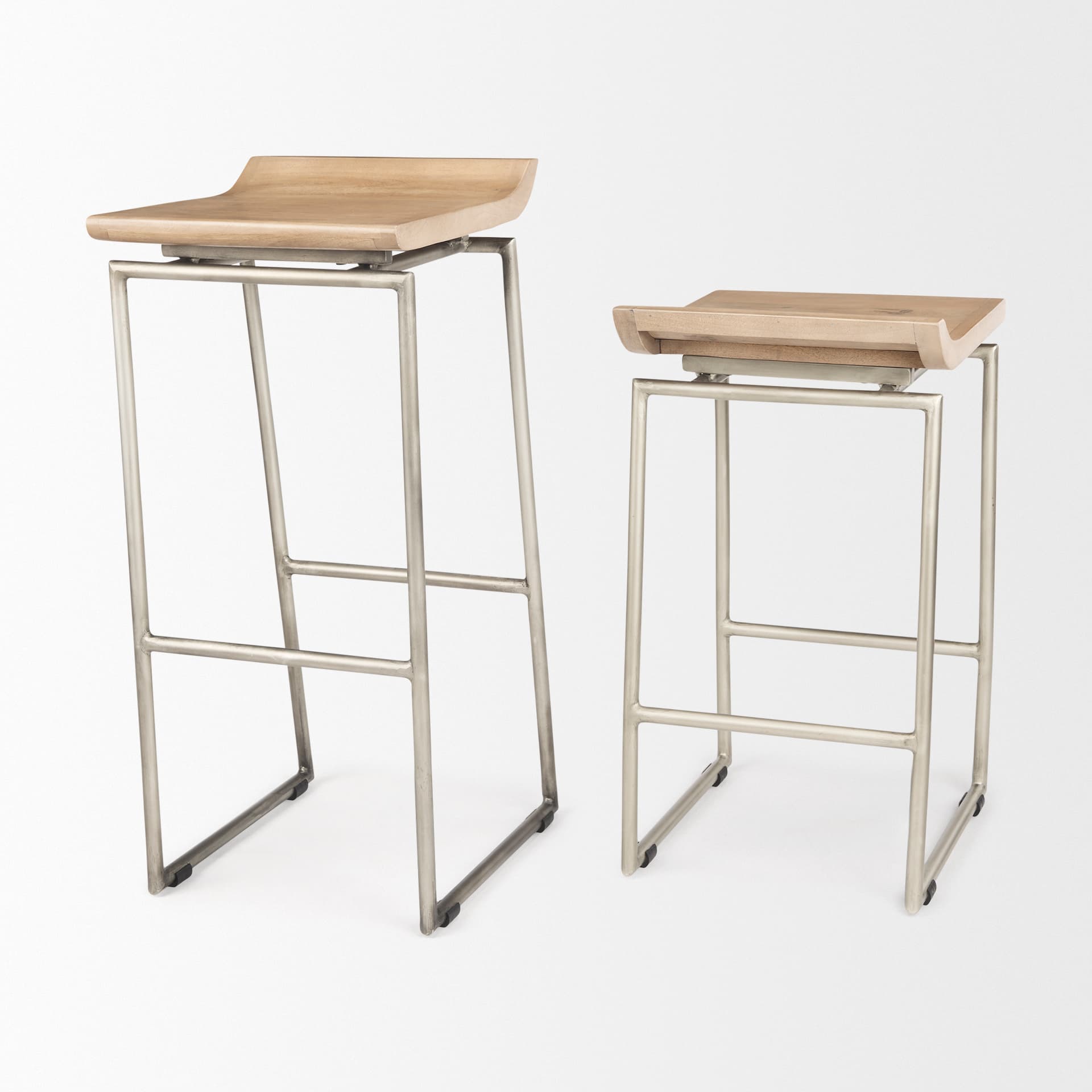 Givens Low Back 26in Seat Counter Stool | Brown Wood w/ Silver Metal — product photograph